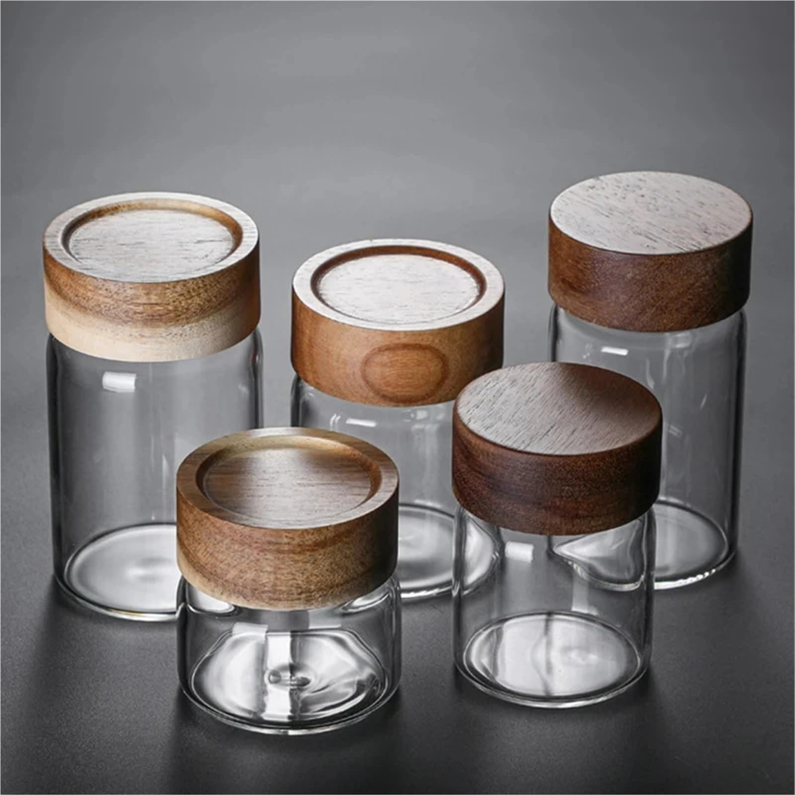 Glasgefäße mit Deckel, Küchen-Aufbewahrungsflaschen, Glas, Holzdeckel, luftdichter Behälter aus Glas, versiegelter Lebensmittelbehälter for Tee, Kaffeebohnen, Getreide, Süßigkeiten, Gläser, Organizer