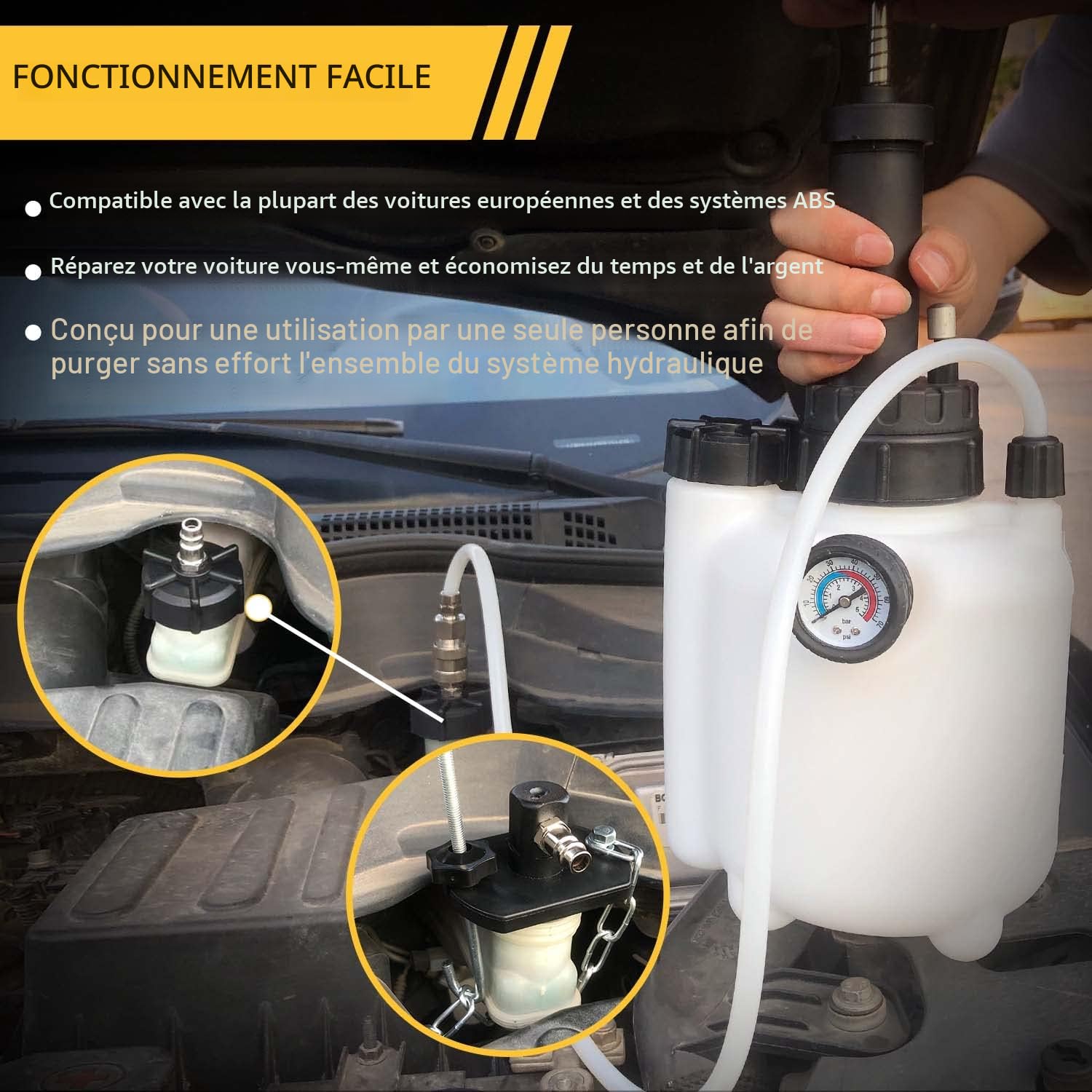 Purgeur De Frein Voiture 3l Vidange Liquide De Frein Manuel,Purgeur De Frein Et D’Embrayage,avec 2PCS Adaptateur pour Le Changement De Remplissage D'Huile De BoîTe De Vitesses