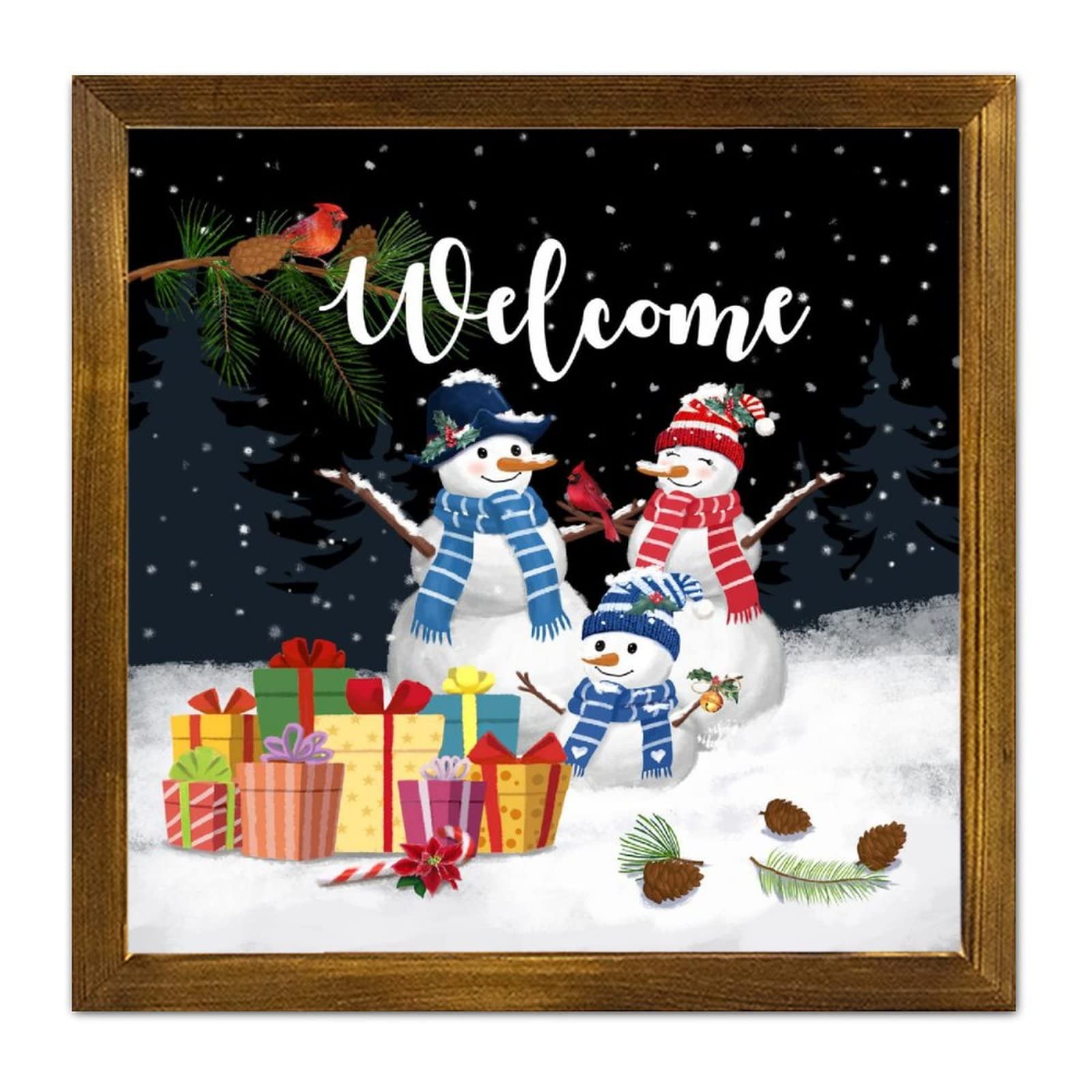 Panneau de Noël en bois avec bonhomme de neige et oiseau rouge pour mur de ferme