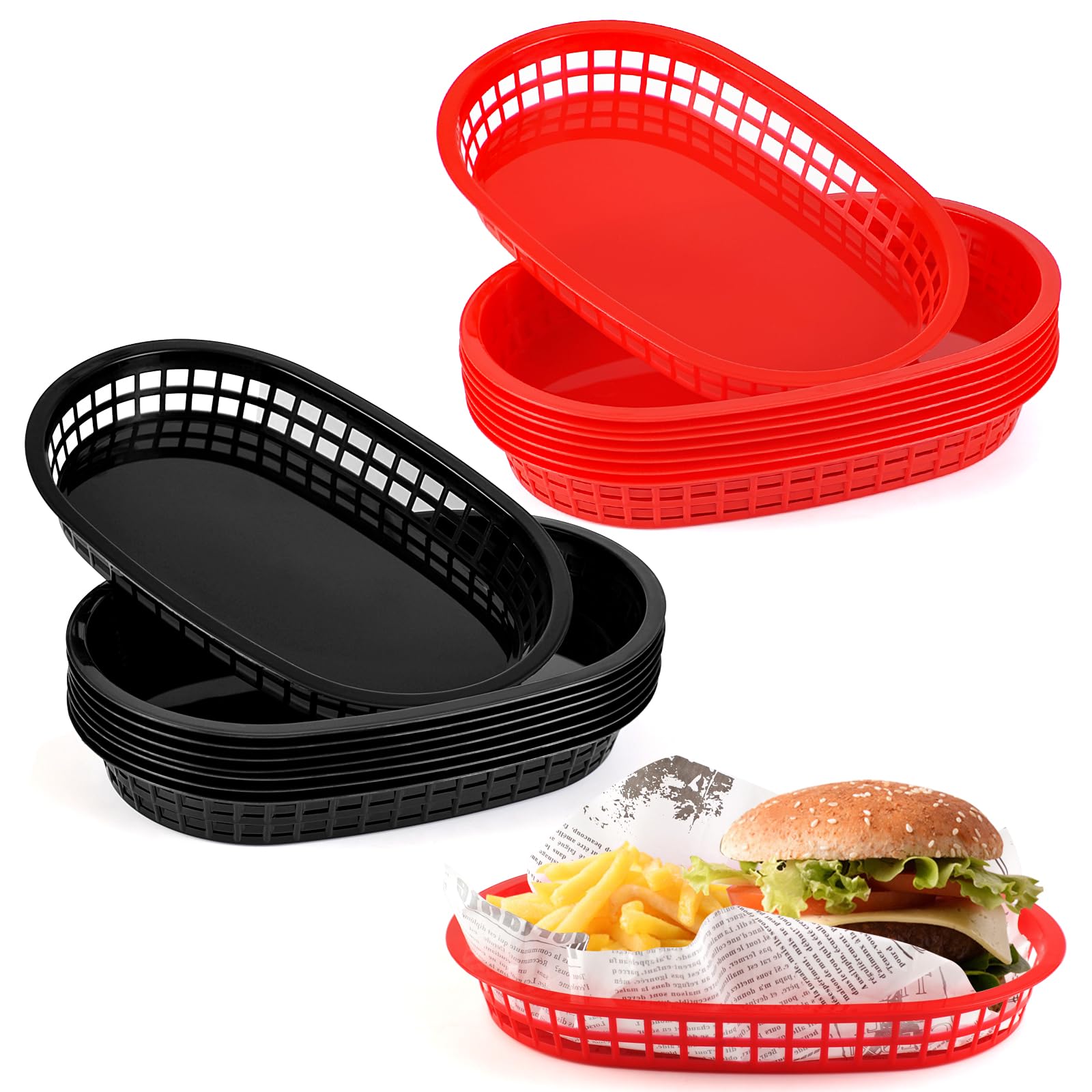 JJWNMLL 16Pcs Food baskets, reusable plastic oval 27 * 17cm fruit basket,cinema snack tray,fries,sweets,crisps,party,picnics,BBQ,summer garden party festival