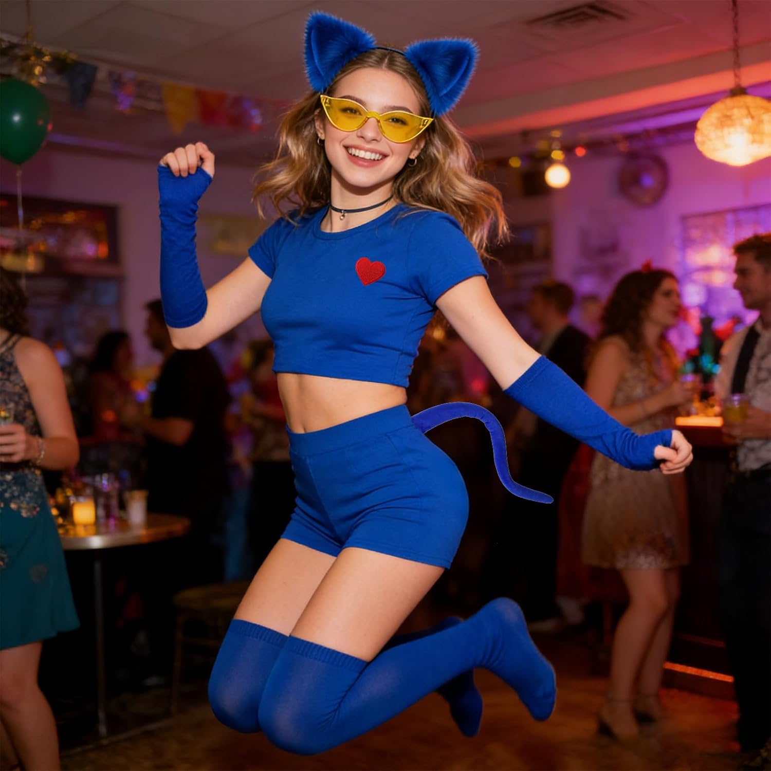 QLINLEAF Blue Cat Costumes Set Cat Ears Headband Gloves Tail for Women Halloween Cosplay - Image 8