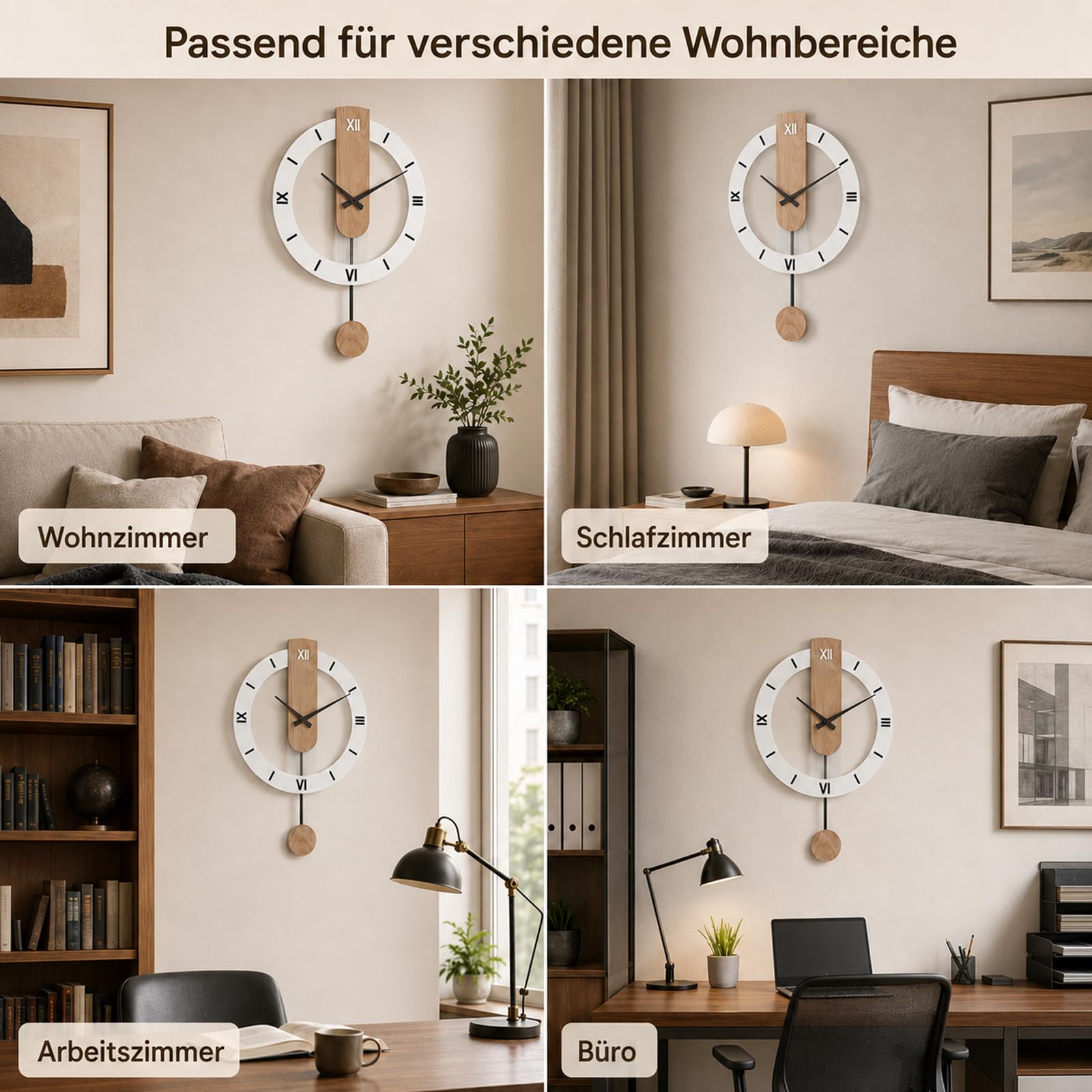 LANMOU Wanduhr Holz mit Pendel, Pendeluhr Moderne Leise Ohne Tickgeräusche | Metallrahmen, weißes Display, Quarzwerk und Innenbereich-Einsatz für Wohn-, Schlaf-, Ess- und Arbeitszimmer