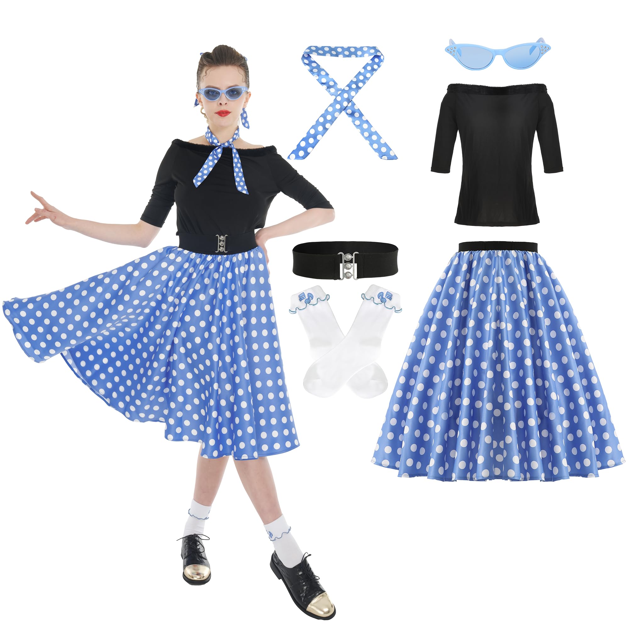 Leadtex Sock Hop Outfits Women, 1950s Poodle Skirts, Poodle T-Shirt with 50s Accessories Socks Scarf Belt Eye Glasses (Blue,XL)