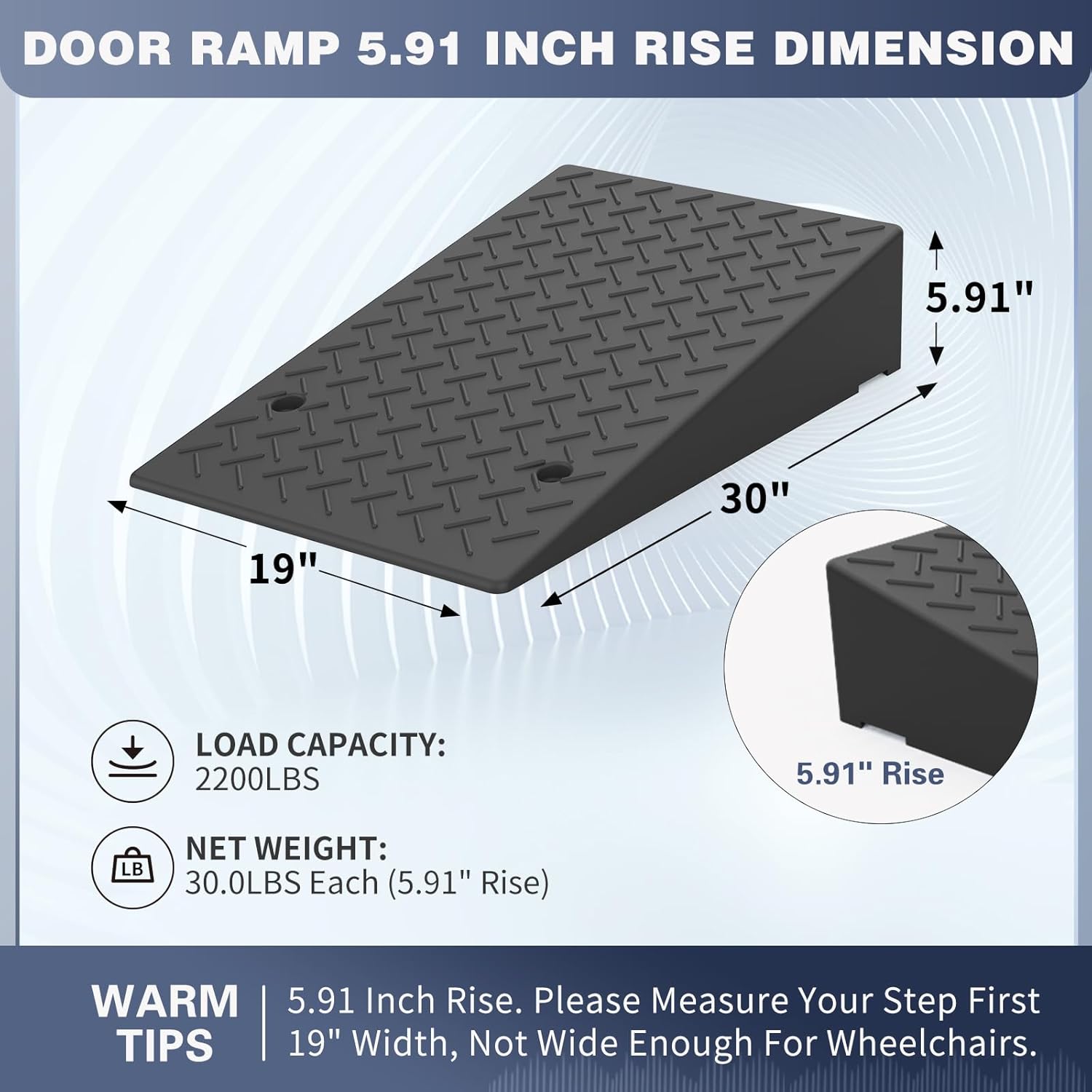 rubber threshold ramp 5.91 inch rise, wheelchair rubber door ramp with non-slip surface, home step ramp with channel for wheelchairs/cars/scooters(1pcs, 2200lbs loading) 5.91in-1pc