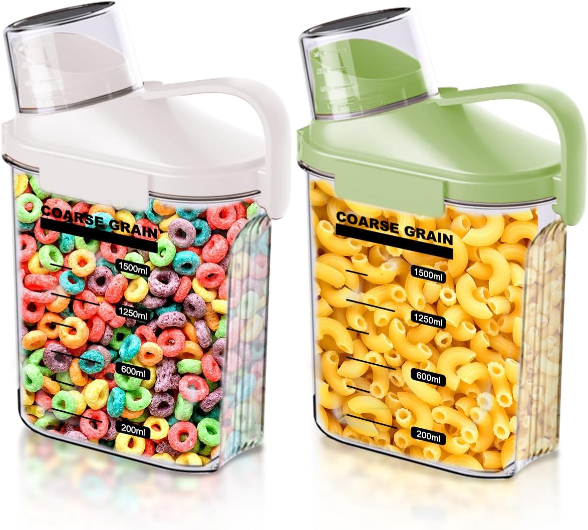 2 Pack Cereal Containers Storage Airtight, Dry Food Storage Containers for Kitchen Pantry Organization, BPA Free Plastic Rice Storage Dispenser Bin with Pouring Spout, White + Green, 1.5L/51oz
