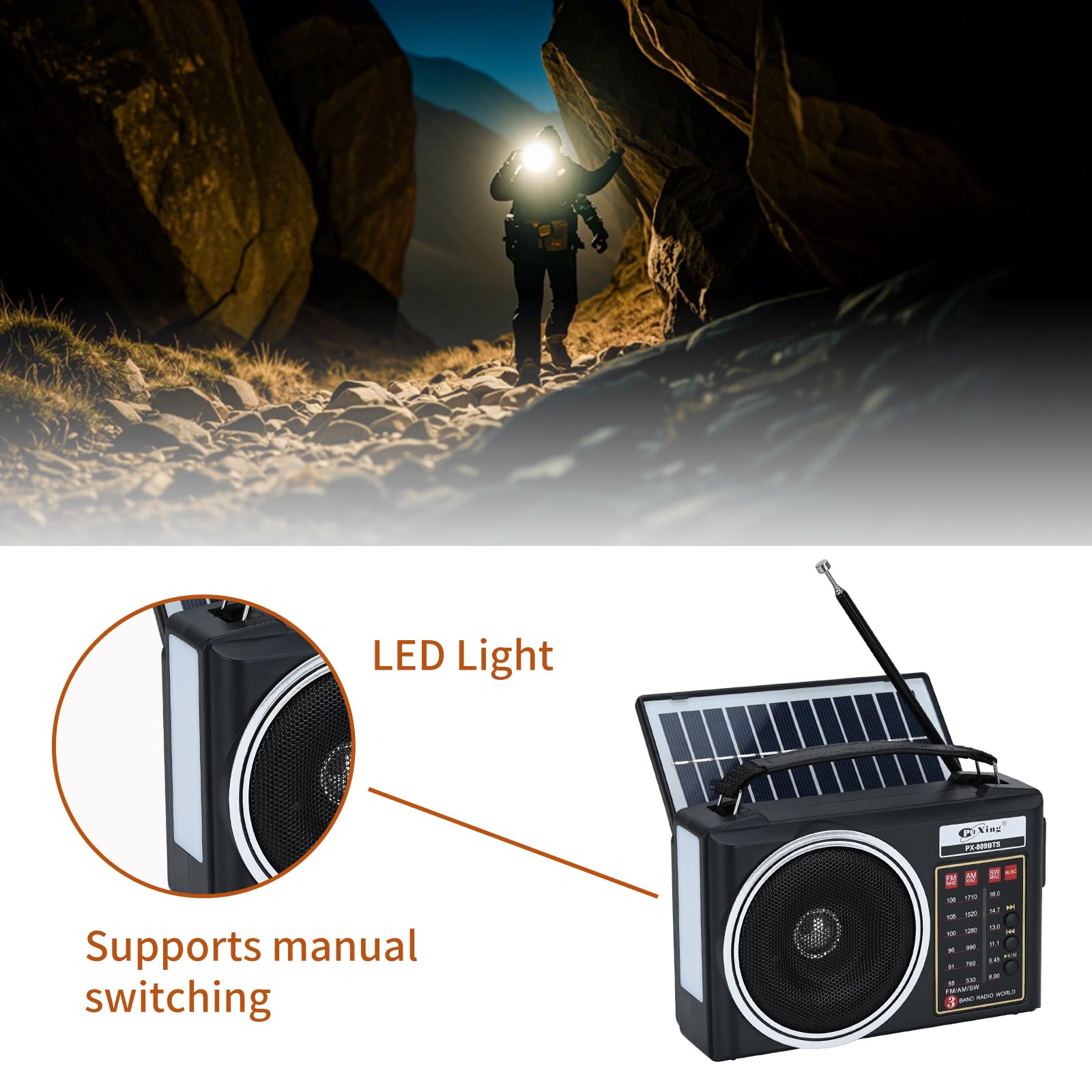 Radio rétro Portable, Radio Bluetooth AM/FM/SW compacte avec Panneau Solaire, éclairage LED Portable, Batterie Rechargeable, Support pour Carte TF/USB-MP3 Player (Noir)