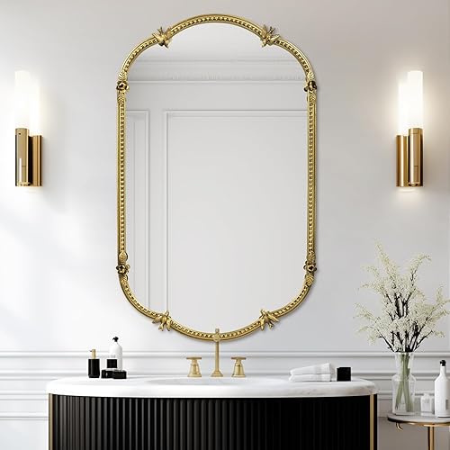 Miniatura 4 de Espejo de pared ovalado dorado de 19 x 32 pulgadas, espejo decorativo con marco de cuentas de metal, bonito patrón de pájaros y flores, espejo