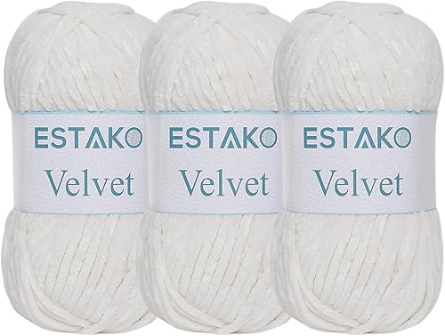 Miniatura 20 de Estako Velvet (Paquete de 3 madejas) Hilo de Chenilla para Amigurumi para Crochet y Tejido Súper Grueso 3x100 gr (3x120 m) (1110 - Blanco)