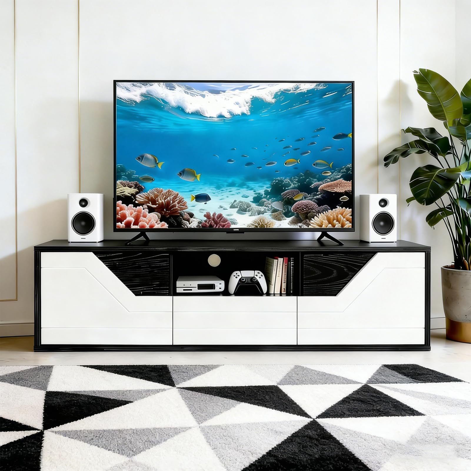 TV Lowboard Stehend 120cm, TV Schrank mit 2 Türen, TV Board für Fernseher bis zu 50 Zoll, Fernsehschrank mit Schublade und offenem Fach für Wohnzimmer und Schlafzimmer, Schwarzweiß