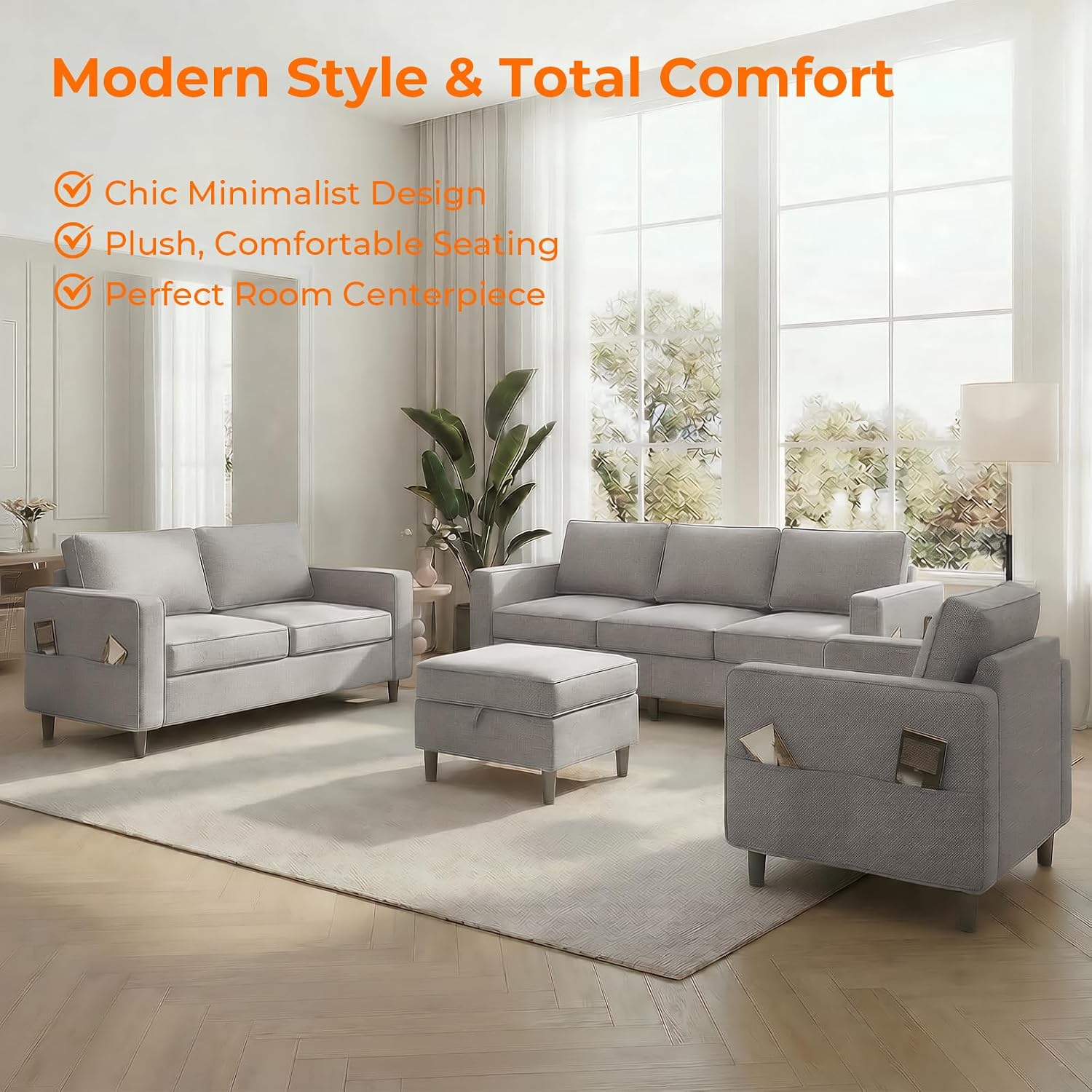 ijuicy 3PCS Sectional Sofa Set w/Ottoman,Modern Linen 6 Seater Couch Set with Movable Storage Ottoman & Side Pockets,3 Seat L Shaped Couch Loveseat and Armchair Living Room Furniture(3+2+1/Light Grey)