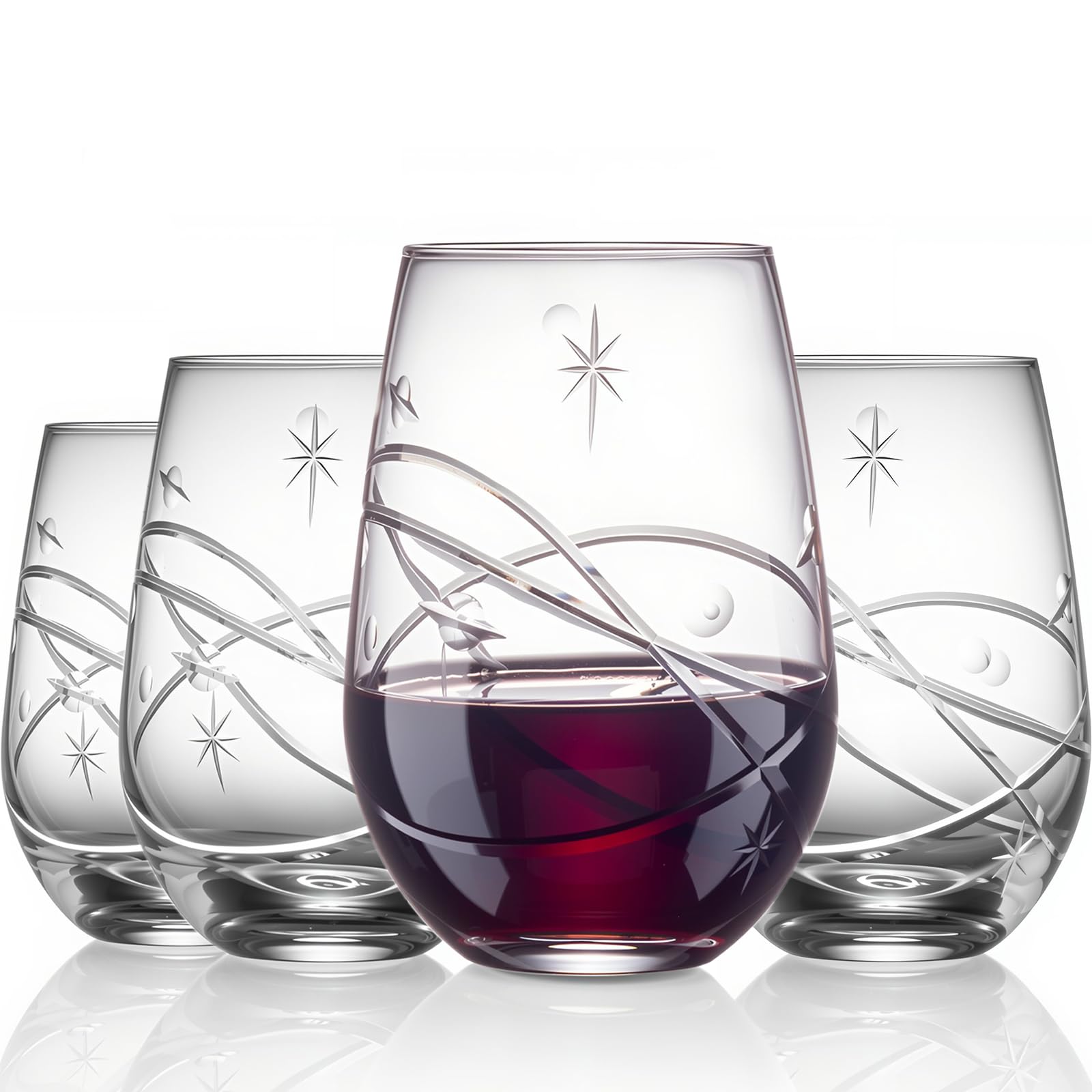 SHOSHIN Handgeschliffene Weingläser ohne Stiel, ohne Stiel, bleifreies Kristall, spülmaschinenfest und handwerklich graviertes Design für moderne Unterhaltung, 530 ml, 4 Stück