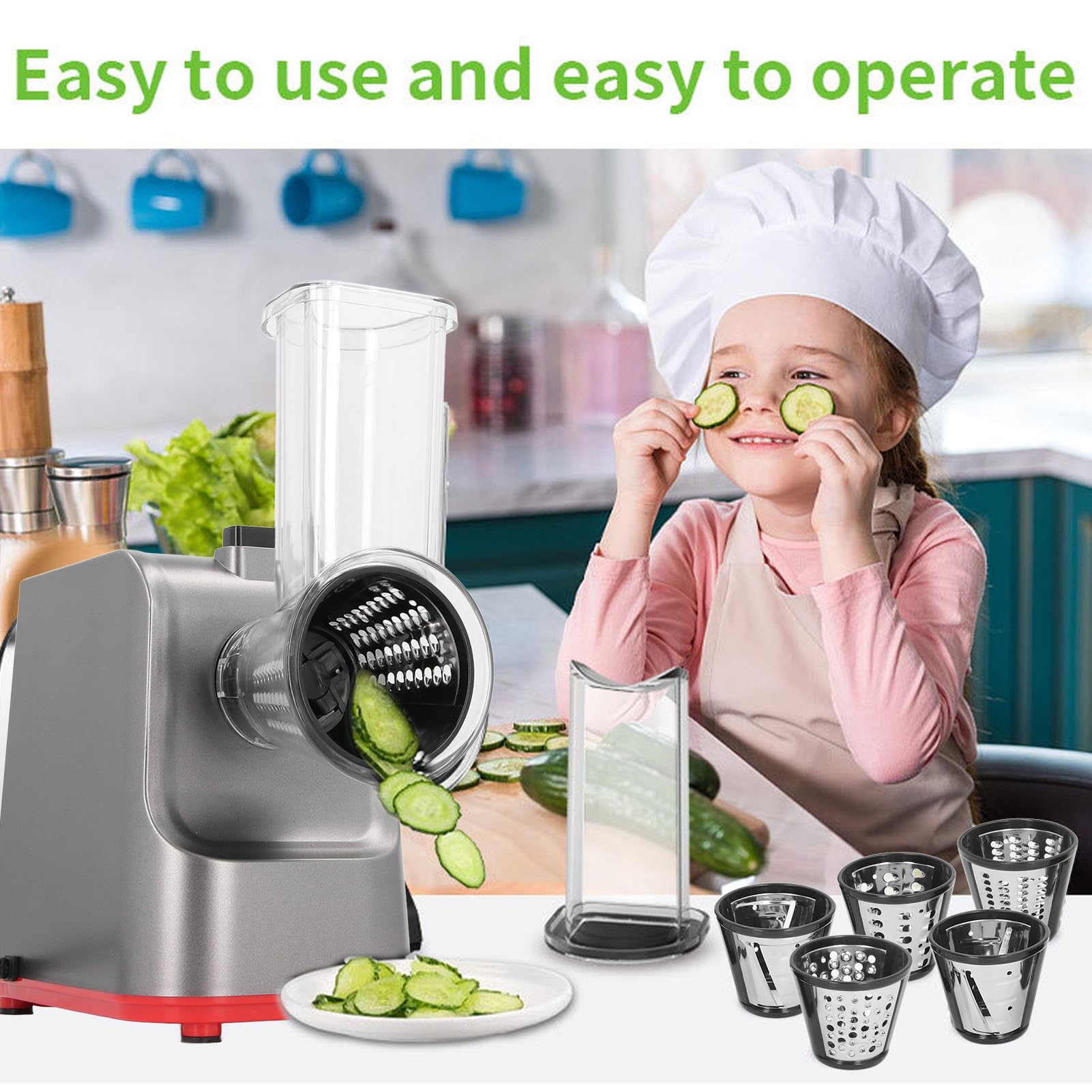 Grattugia Elettrica per Formaggio 250 W 5 in 1 Trituratore da per Insalata, Controllo a un Pulsante per Patate Al Formaggio, Frutta e Verdura (Spina europea 220 V)