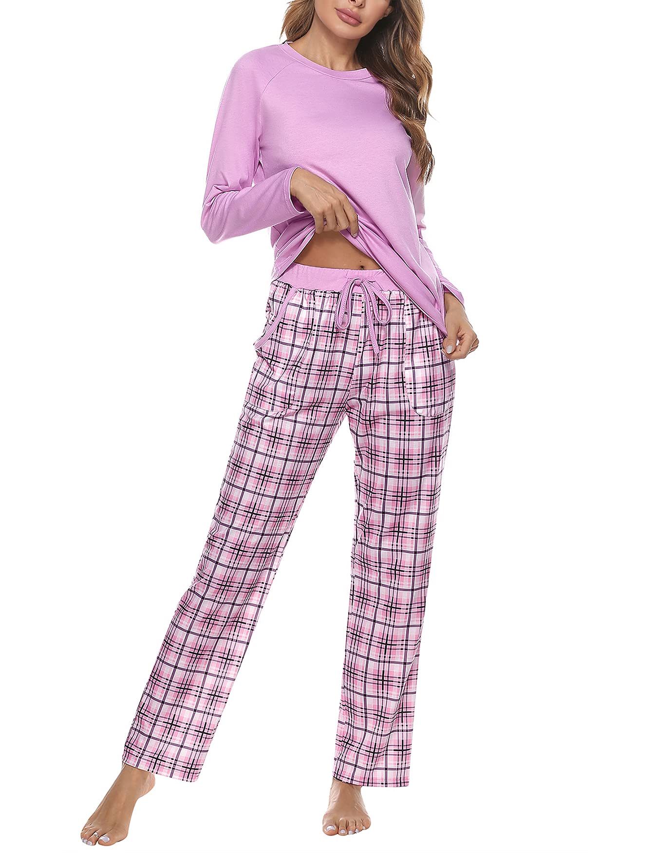 Uniexcosm Pigiama Donna, Pigiama a Quadri Donna Lungo Pigiama da Donna Cotone Leggero con Girocollo Pigiama 2 Pezzi Donna con Tasca Sciolto Accogliente per Casa e Casuale