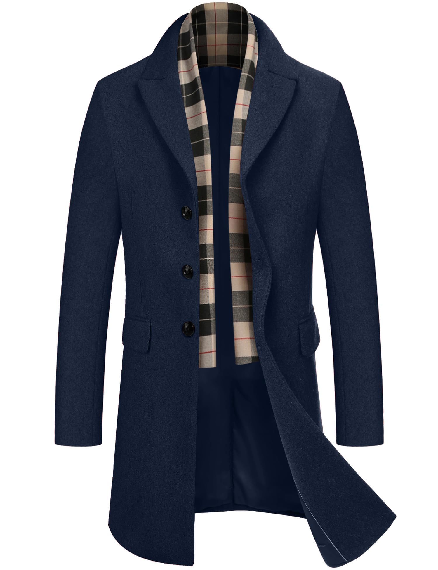 COOFANDY Men's Wool Blend Coat with Detachable Plaid Scarfs Notched Collar Single Breasted Pea Coat Trench Overcoat