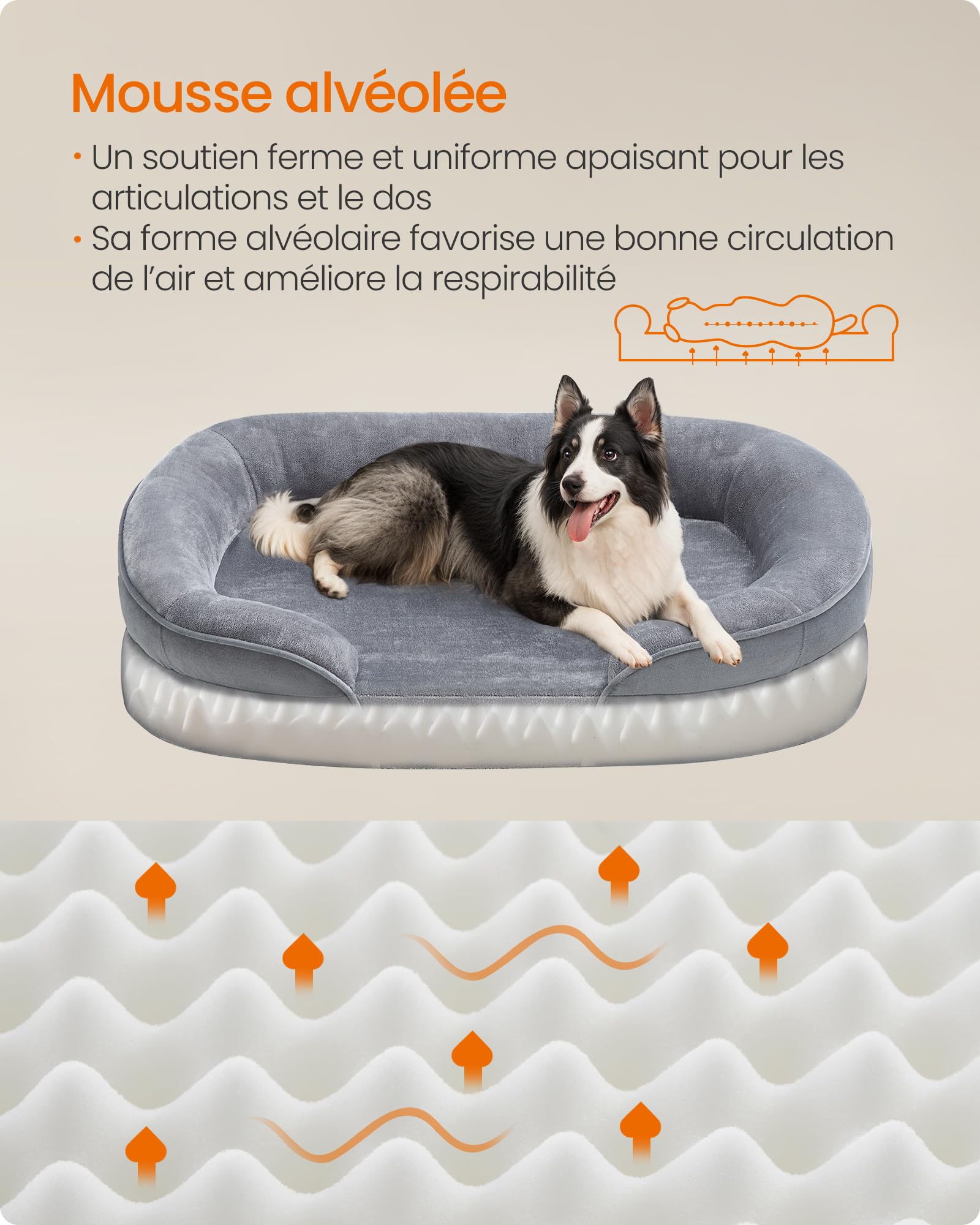 Feandrea Panier pour Chien de Taille Grande, 91 x 68 x 18 cm, Orthopédique, Mousse Alvéolée, Doublure Hydrofuge, Bords Surélevés, Housse Amovible et Lavable, Antidérapant, Gris Clair PGW282G01