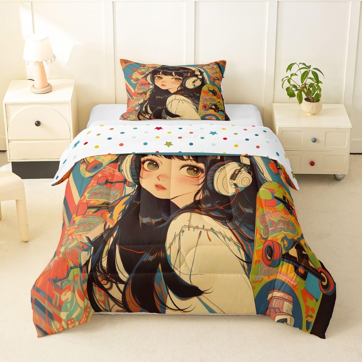 Erosebridal 2Pcs Anime Bedding Fashion Street Girls Comforter Set 3D Cartoon Printed Comfortable Soft Bed Set for Kids Boys Girls Teens Tattoo Watercolor Art Japanese Style Duvet Set Twin Size