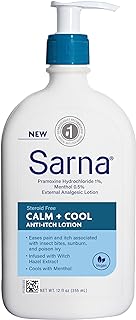 Sarna Calm + Cool Anti-Itch Lotion, Soothe and Relieve Pain and Itch from Insect Bites, Sunburn, & Poison Ivy, Contains 1% Pramoxine Hydrochloride, 0.5% Menthol, Vegan, Steroid-Free, 12 oz