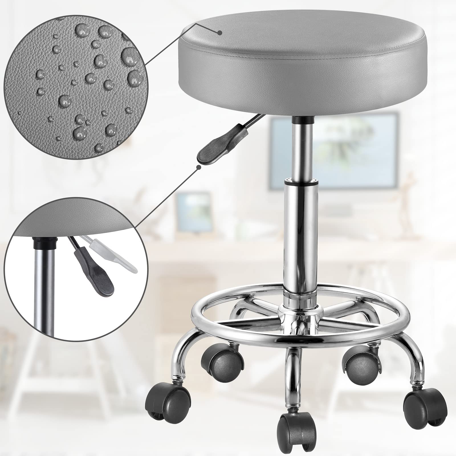Casaria Tabouret à roulettes réglable en Hauteur 51-65 cm Rembourrage 10 cm pivotable 360° Repose-Pieds Tabouret de Bureau Gris