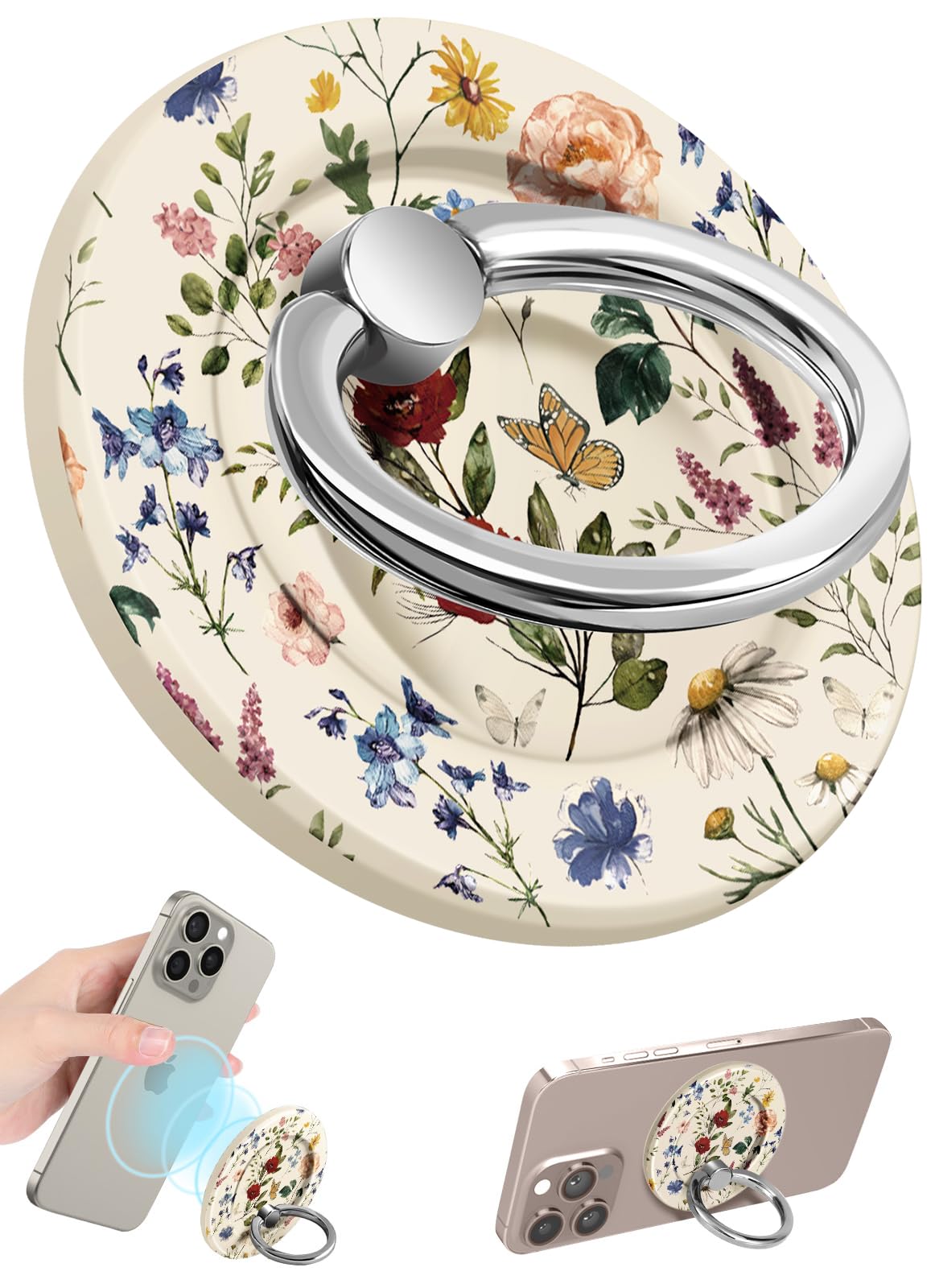 Toycamp Magnetic Phone Grip - Compatible with MagSafe Phone Grip Ring Stand for iPhone 16 Pro Max/16 Pro/16/15/14/13/12 Series Vintage Flowers Cute Phone Ring Holder Grip for Women Girls Girly