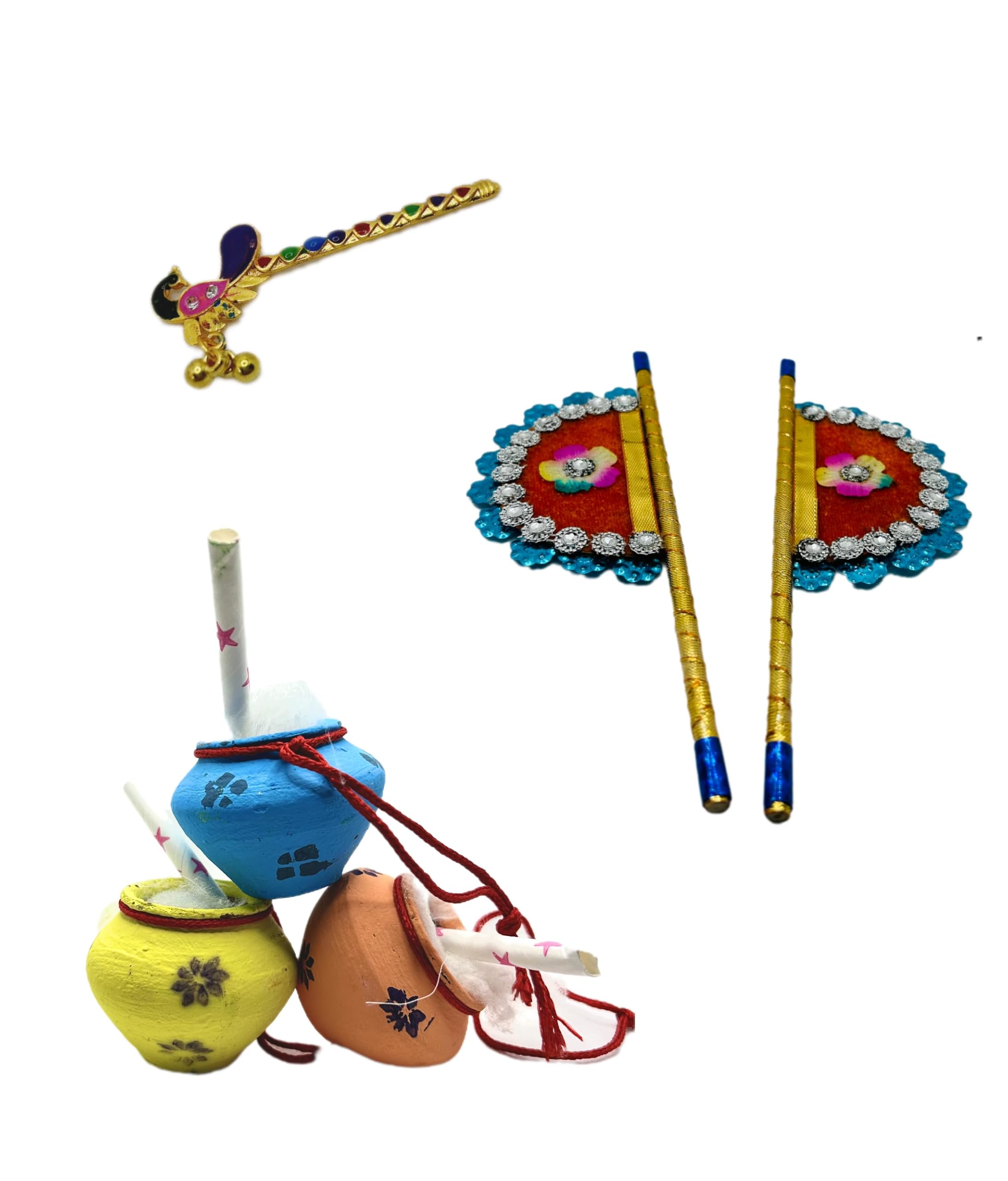 Little krishnaa Miniature Hand-Painted Matki or Dahi Handi with a Miniature Krishna Flute and Miniature Hand Fan for The Pooja and Festive Decor
