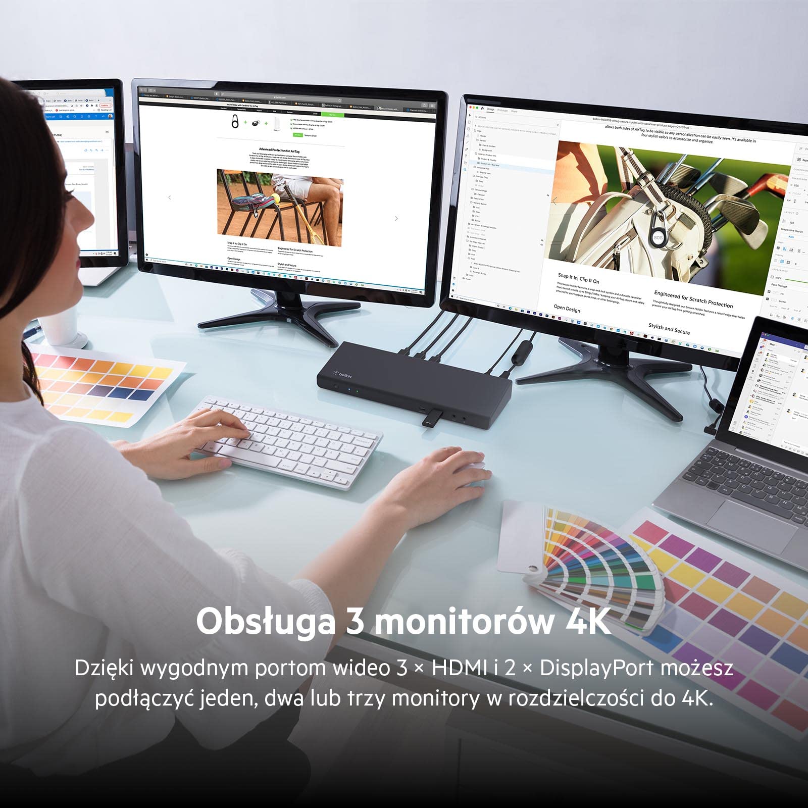 Belkin stacja dokująca, USB-C hub, DisplayLink dock z obsługą 3 monitorów, 3x HDMI, 2x DisplayPort, rozdzielczość 4K, Power Delivery 85 W, Gigabit Ethernet, mikrofon/głośnik 3,5 mm, 1x USB-C, 5x USB-A