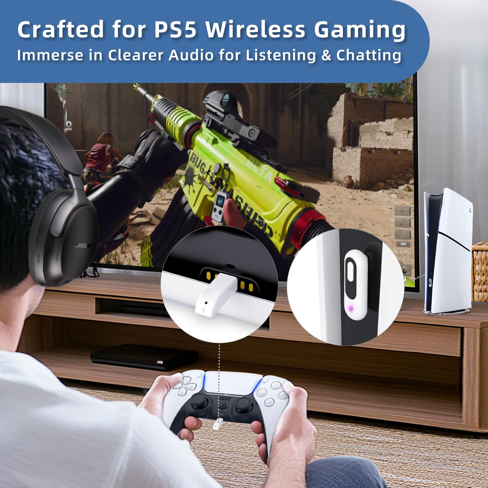 YOCOWOCO Bluetooth 5.2 Adapter for PS5 with aptX Low Latency, USB C Wireless Audio Transmitter for Connecting Headphones to PS5, PS4, and Switch, Support Included Mic and USB A Port