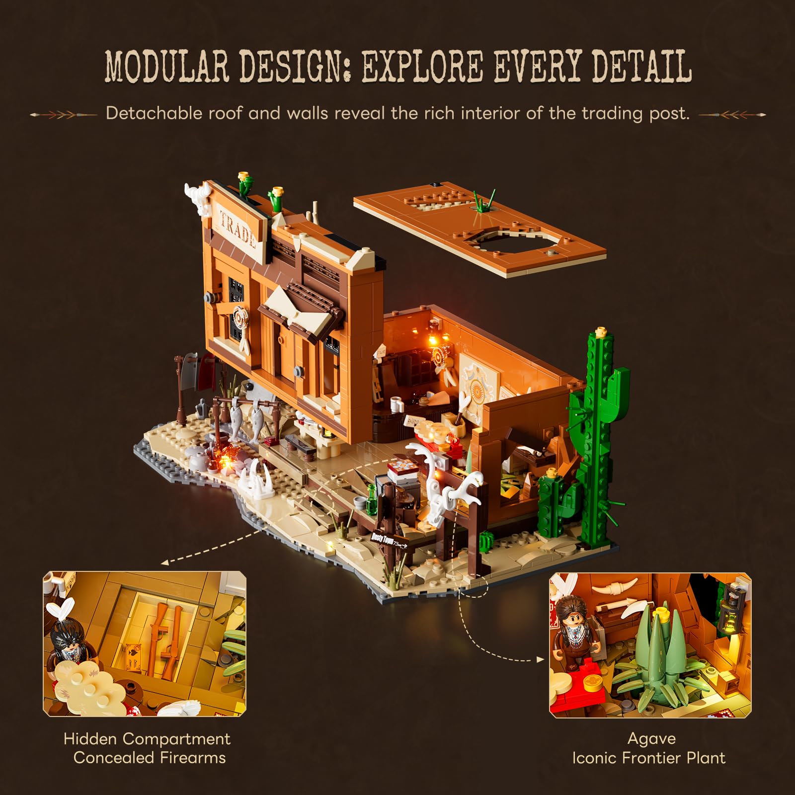 Lumibricks Western Fur Trading Post Bloques de construcción con iluminación para adultos, 1432 piezas, oficina comercial del salvaje oeste con almacén indio, modelo modular de colección, regalo para
