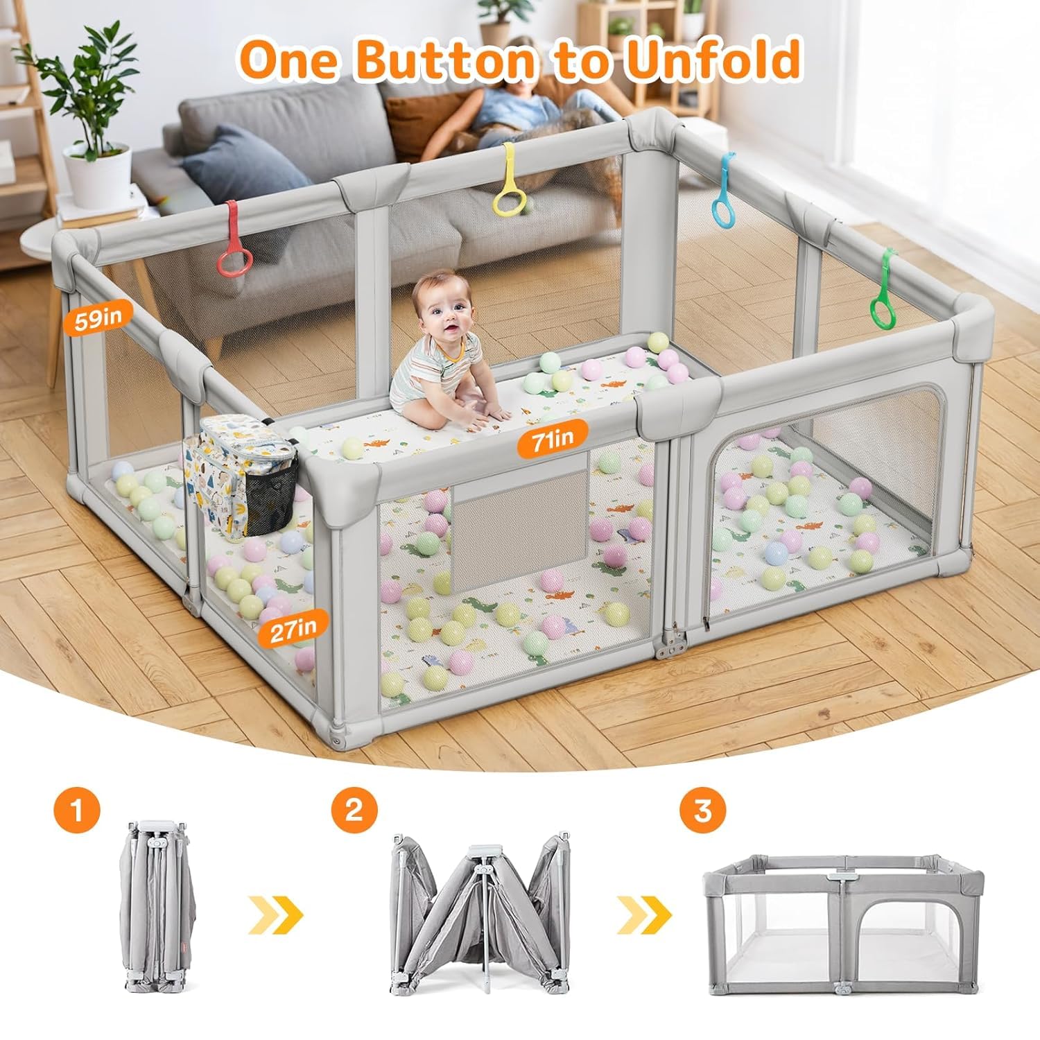 Laufstall Baby Faltbar mit Matratze 130x130x70cm | Klappbar&Tragbar Laufgitter mit Atmungsaktivem Netz, 300D Oxford Stoff, Rutschfester Basis, Ozeanbällen, Innen&Außen