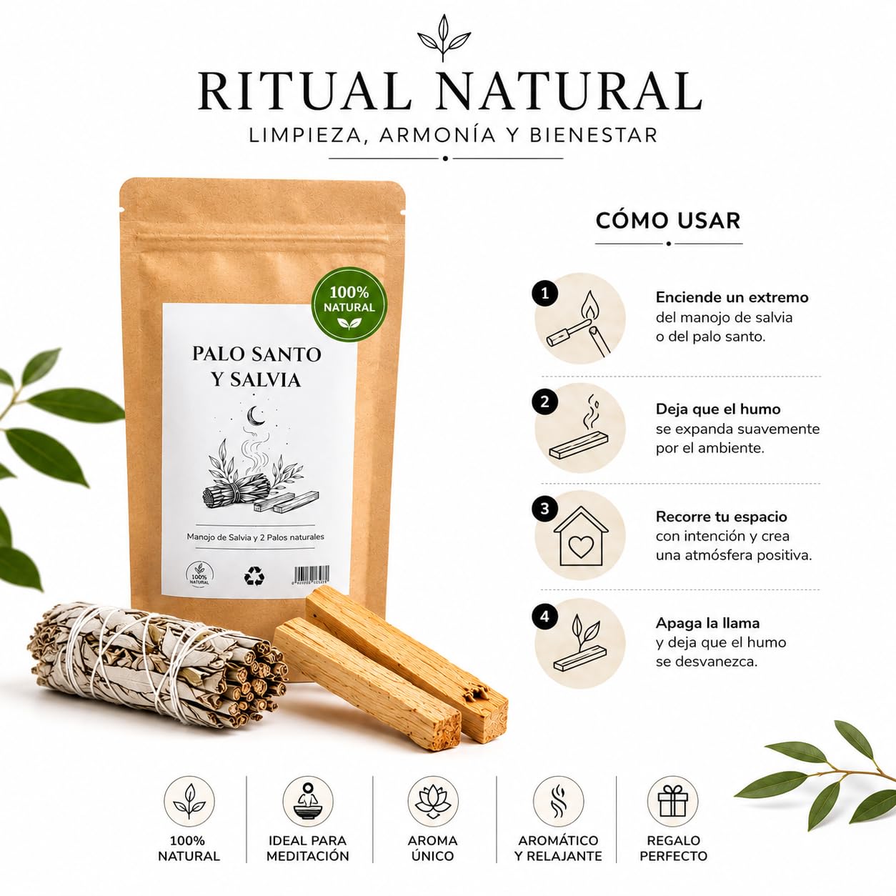 Kit Ritual Palo Santo y Salvia Blanca Natural para Limpieza Energética, Meditación y Aromaterapia