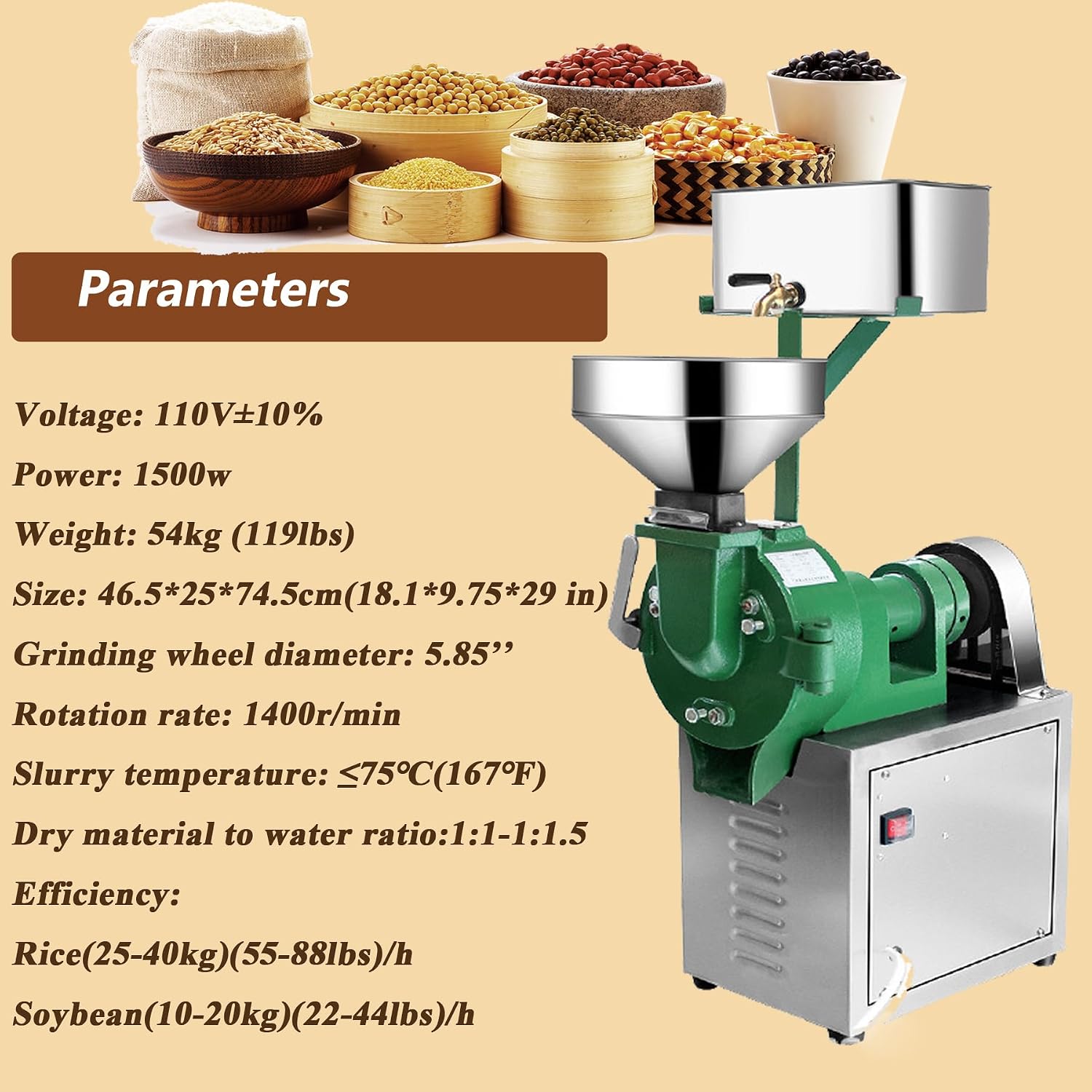 TECHTONGDA Commercial Grinding Machine 110V Electric Grain Grinder, Heavy Duty Corn Soybean Grinding Machine, Wet and Dry, Adjustable Thickness