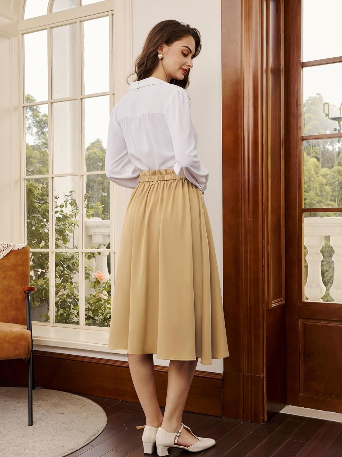 Belle Poque Women's Midi Skirt with Pockets Vintage A Line High Waisted Flowy Pleated Swing Skirts for Office - Image 8