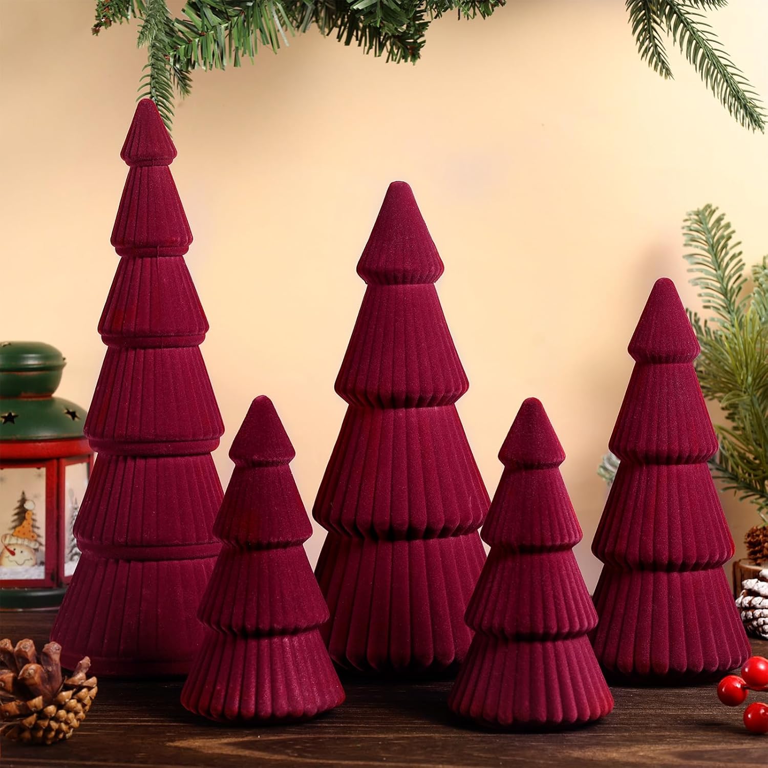 5 Pieces Christmas Velvet Trees Set Modern Christmas Decor 4 Szies Christmas Velvet Cone Trees Table Decoration Winter Decoration for Entryway Mantle Farmhouse(Wine Red)