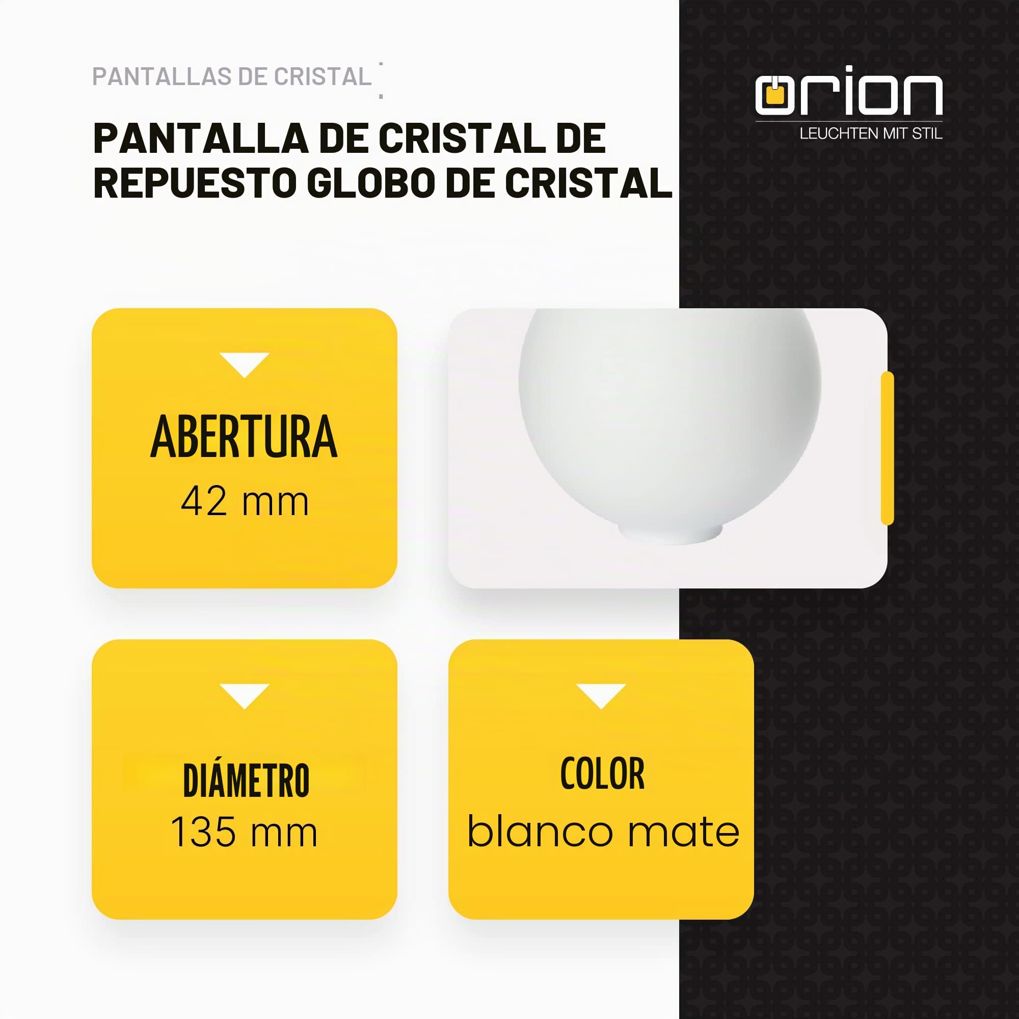 Cristal de repuesto para lámpara (135 mm de diámetro), diámetro de orificio E14 42 mm, pantalla bola de cristal para candelabros, lámparas de pie, color blanco mate