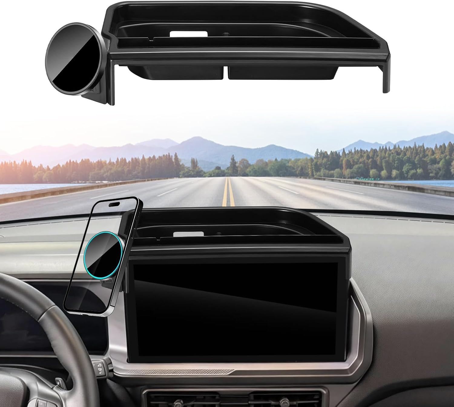 Dash Tray with Phone Holder for 2025 Ford Bronco Sport Dashboard Storage Console Organizer Accessories 13.2-Inch Screen, Magnetic Phone Holder for MagSafe, Magnets Wireless Charger Cell Phone Base