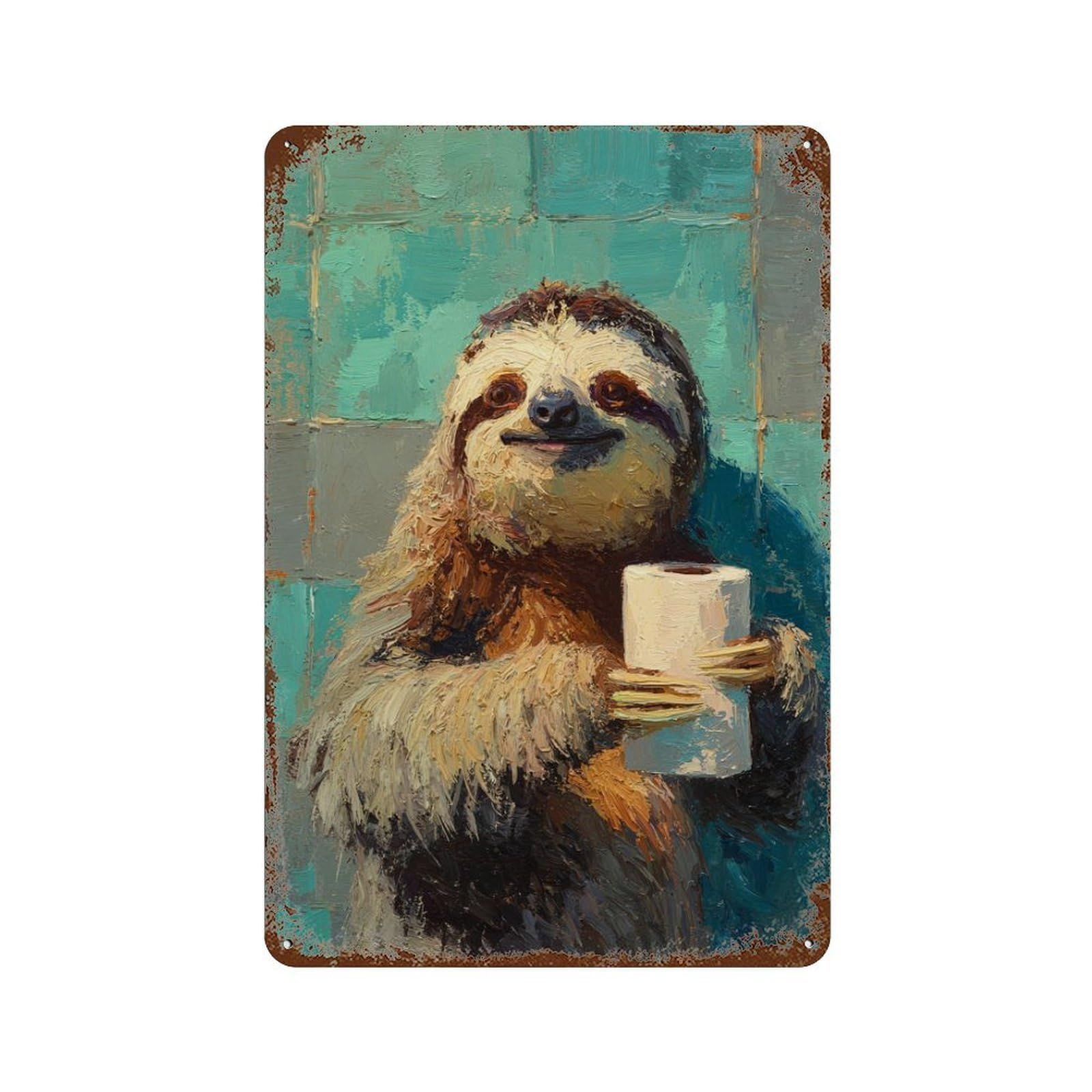 Sloth with Toilet Paper in Bathroom Decorative Tin Sign 11.8"x7.9", Ideal for Garage, Bar And Workshop Decor