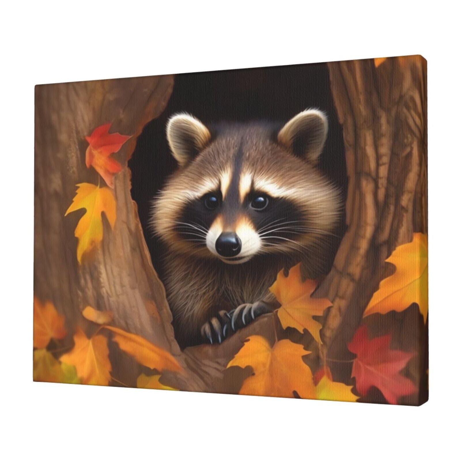 KLOPH Raccoon in The Fall Tree Hole Canvas Wall Art for Living Room 12"x16" Modern Artwork Painting for Bathroom Hanging Canvas Prints Aesthetic Wallart for Bedroom Kitchen Office Wall Decor