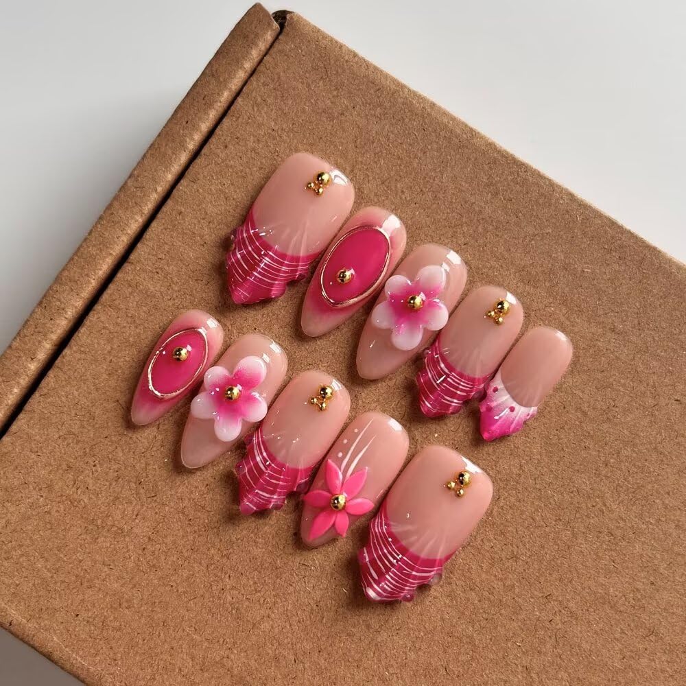 Press On Nails, Medium Almond Handmade Unique French Fake Nails, Thick Acrylic and Muti-Layer Gel False Nails
