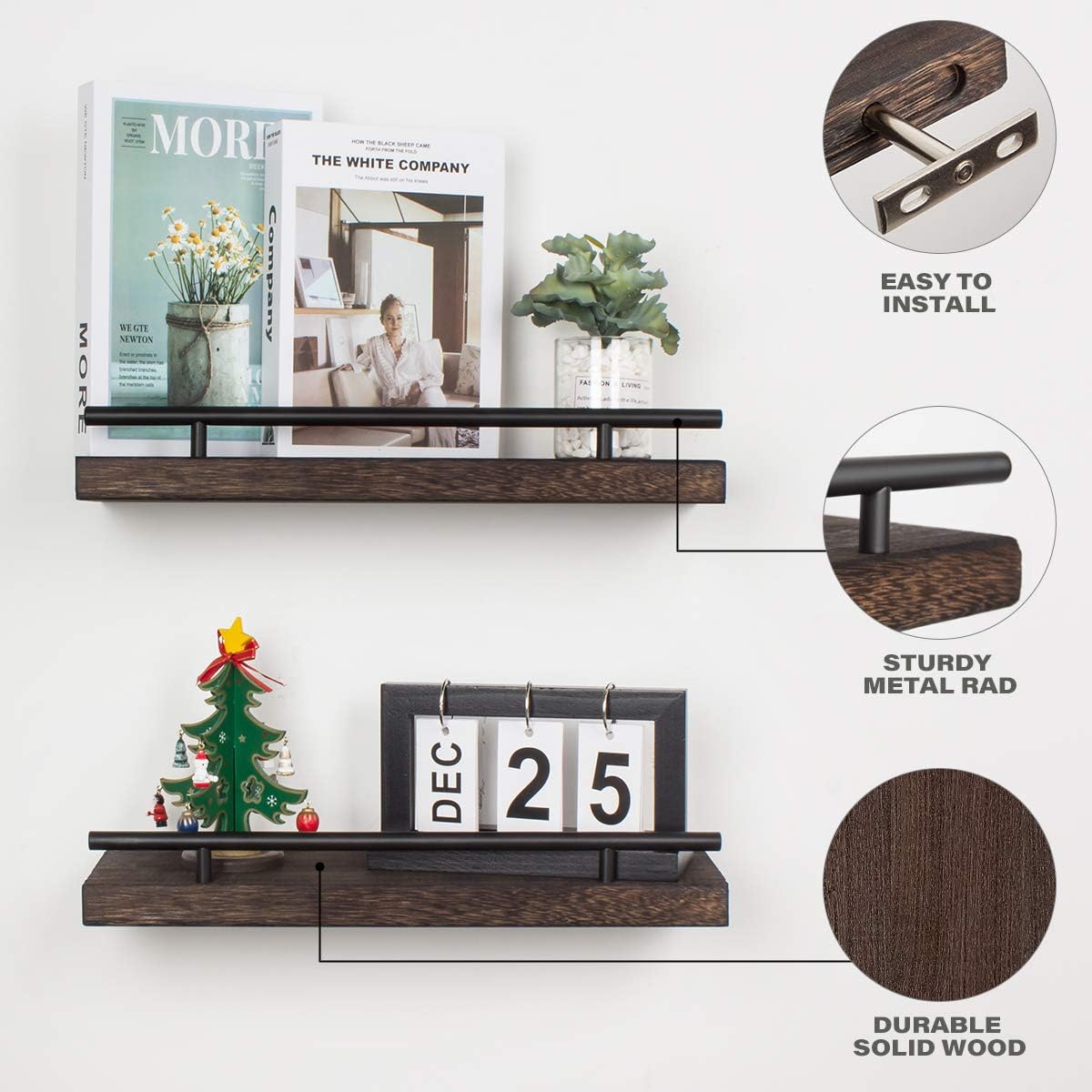 AKKO Set of 2 Floating Shelves for Wall, Rustic Wood Wall Mounted Storage Shelves, Perfect Home Decor for Bathroom, Farmhouse, Kitchen, Bedroom and Living Room