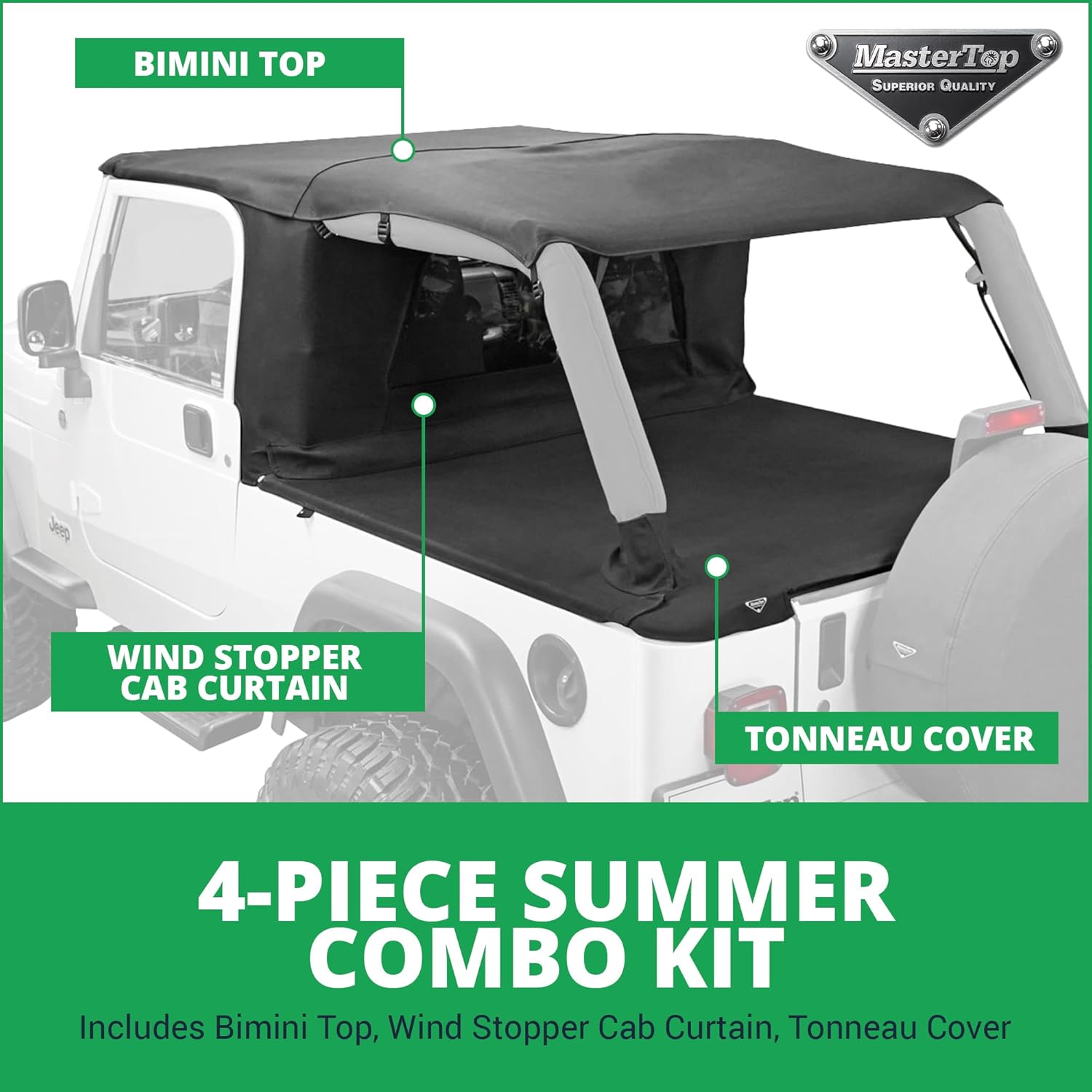 MasterTop 3-Piece Ultimate Summer Soft Top Combo - Bimini Soft Top, Wind Stopper Cab Curtain, and Tonneau Deck Cargo Cover - Fits Jeep Wrangler LJ 2004-2006 - Black MasterTwill