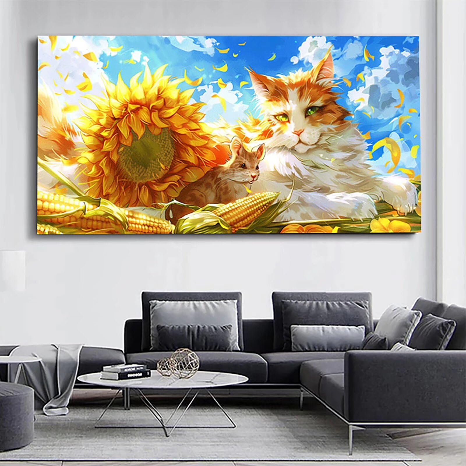 Pintar por Numeros Adultos, DIY Pintar por Numeros Girasoles Manualidades Adultos con Pinceles, Pigmento Acrílico, Pintar por Numeros Niños Gato para Decoración el Hogar Regalo, con Marco 40x80cm T-Z