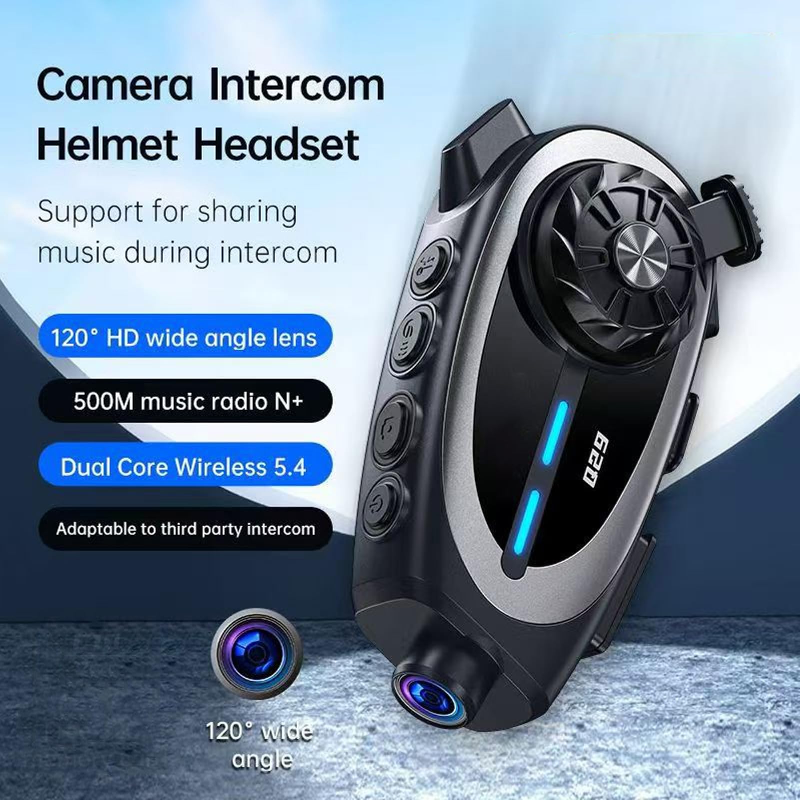 Elprico Fotocamera con Auricolare Bluetooth per Casco da Moto, Ricarica Rapida 1080P IPX6, Riduzione del Rumore con Doppio Microfono, Batteria da 1500 MAh, Altoparlanti da 40 Mm, PC ABS,