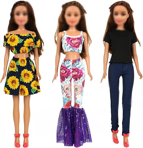 Miniatura 1 de ZITA ELEMENT 3 juegos de ropa de muñeca de 28 pulgadas para niña, conjunto de ropa casual de calidad, vestido de hombro descubierto con flores de