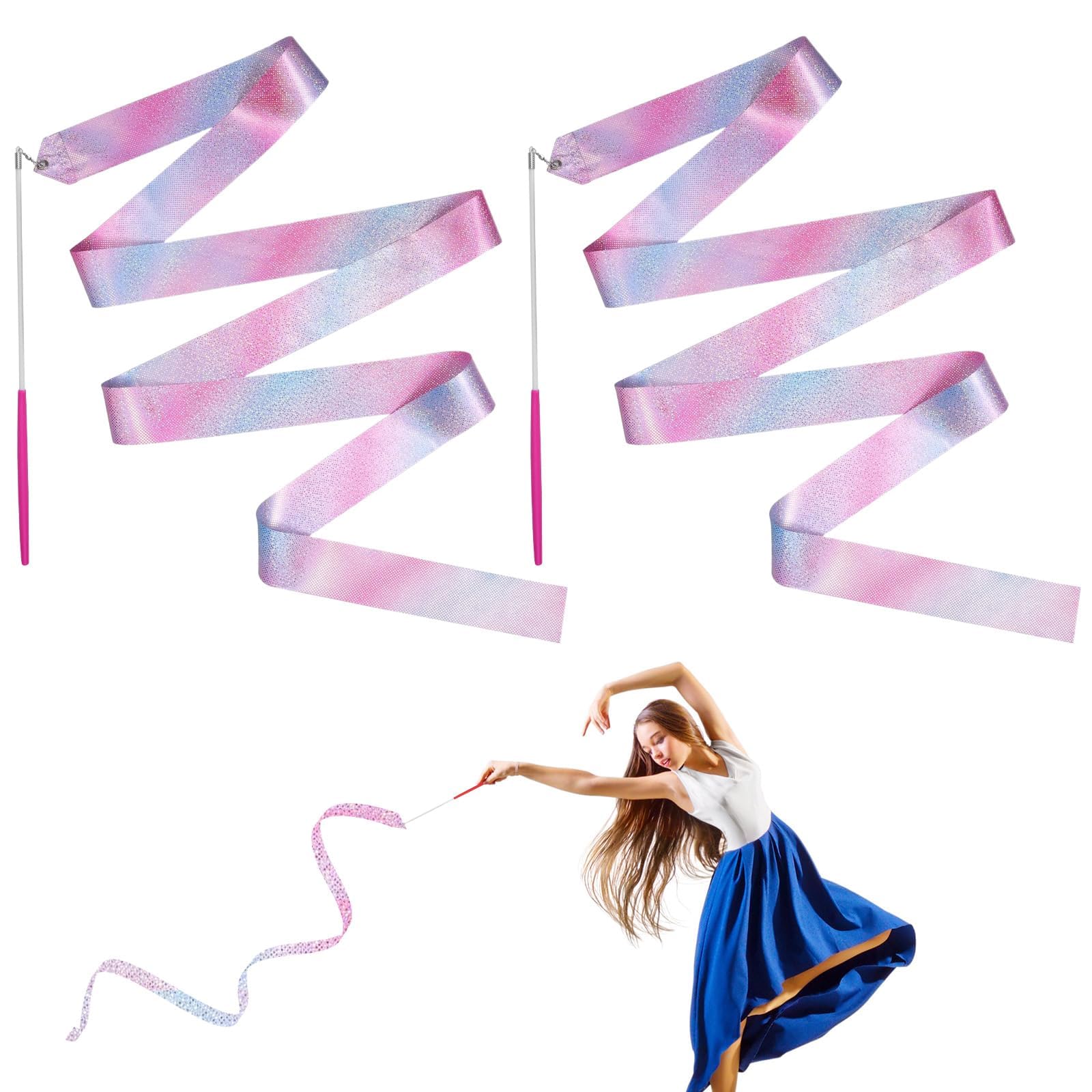 Rubans de Danse, 4m Ruban de Gymnastique Rubans Danse Scintillant Ruban d'art avec bâton Rotatif, Ruban de Danse Rythmique Bâton Virevoltant pour la l'entraînement de Danse Artistique