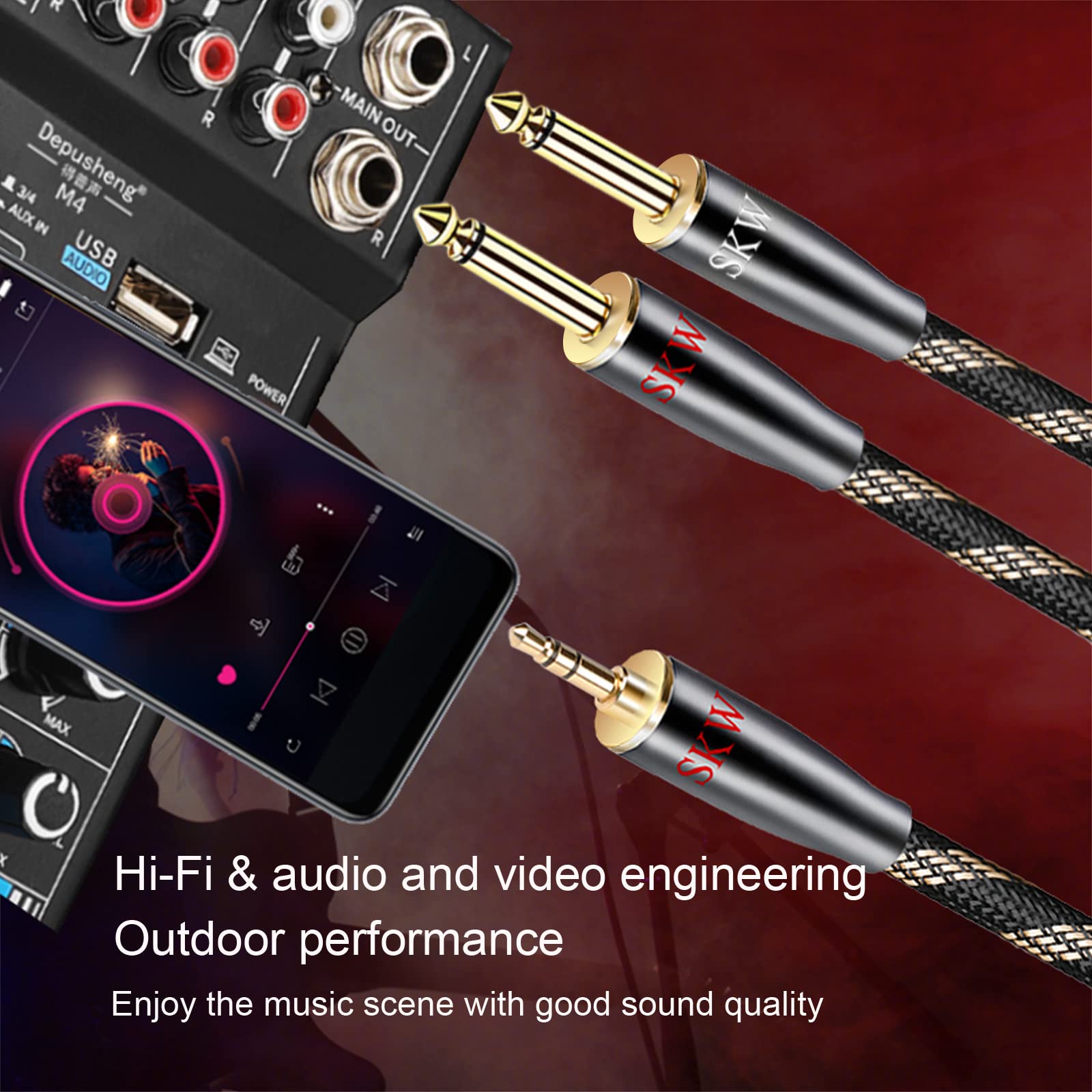 SKW Câble 3.5mm vers 2x 6.35mm, Cuivre de haute pureté 6.35 Mâle vers 3.5 Mâle Mono Y Splitter Jack Câble Compatible avec Amplificateur Table de Mixage Carte Son Enceinte Casque Smartpone -10M
