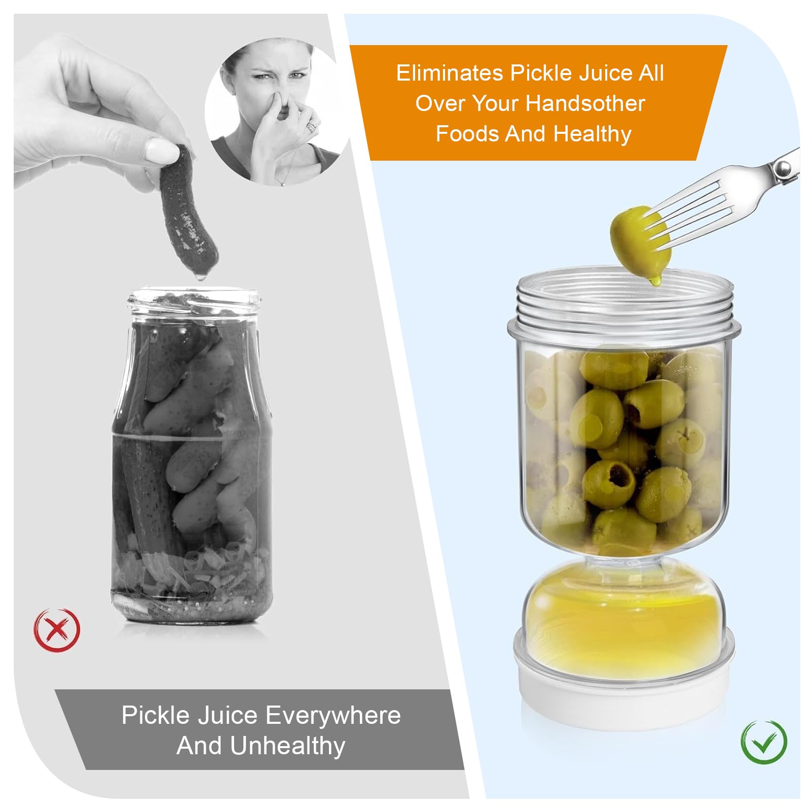 Bote Aceitunas 750ml con Tapa Hermética, Tarro Aceitunas Separador Liquido con Forma de Reloj de Arena, Tarros con Tapa sin Bpa, Accesorios Cocina con Tenedor Plegable, Perfecto Para Pickles Bote