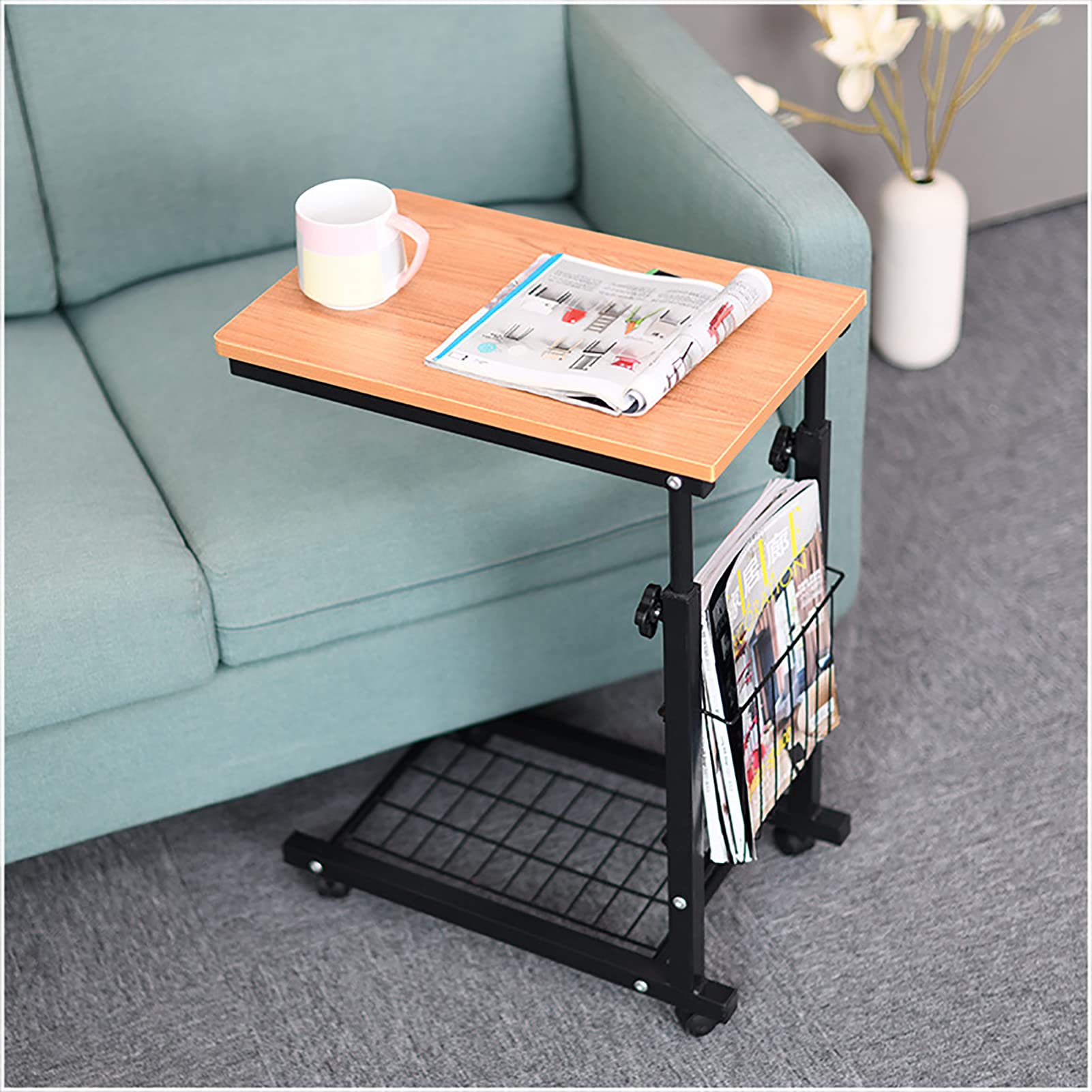 Table d'appoint roulante avec rangement et support réglable pour lit