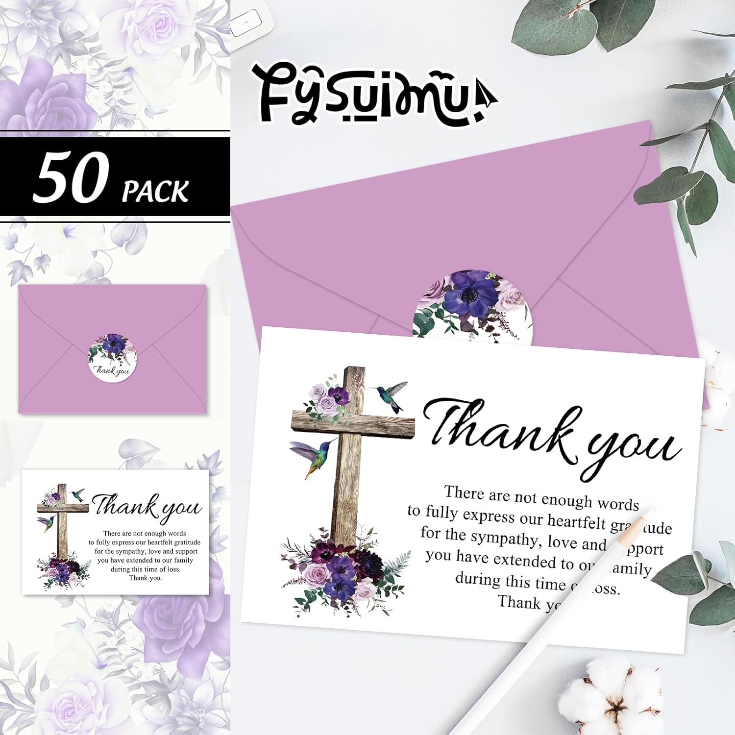 50Pcs Funeral Thank You Cards Boxed Purple Floral Cross Sympathy Thank You Cards with Sticker Envelope Bereavement Card for Memorial Service Loved Ones Celebration of Life - Image 3