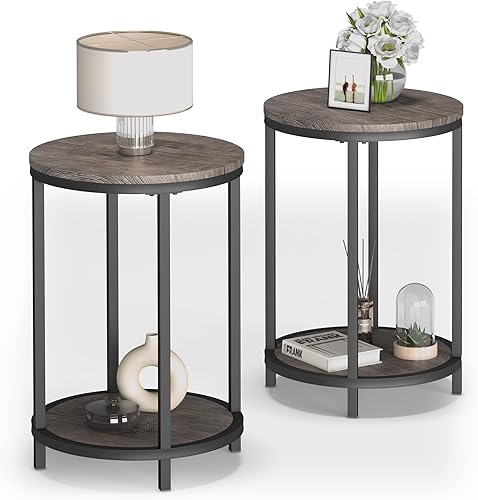 NSdirect - Juego de mesas auxiliares redondas de 2 piezas, mesa de noche de 16 pulgadas, superficie superior de madera rústica y patas de metal Nuez