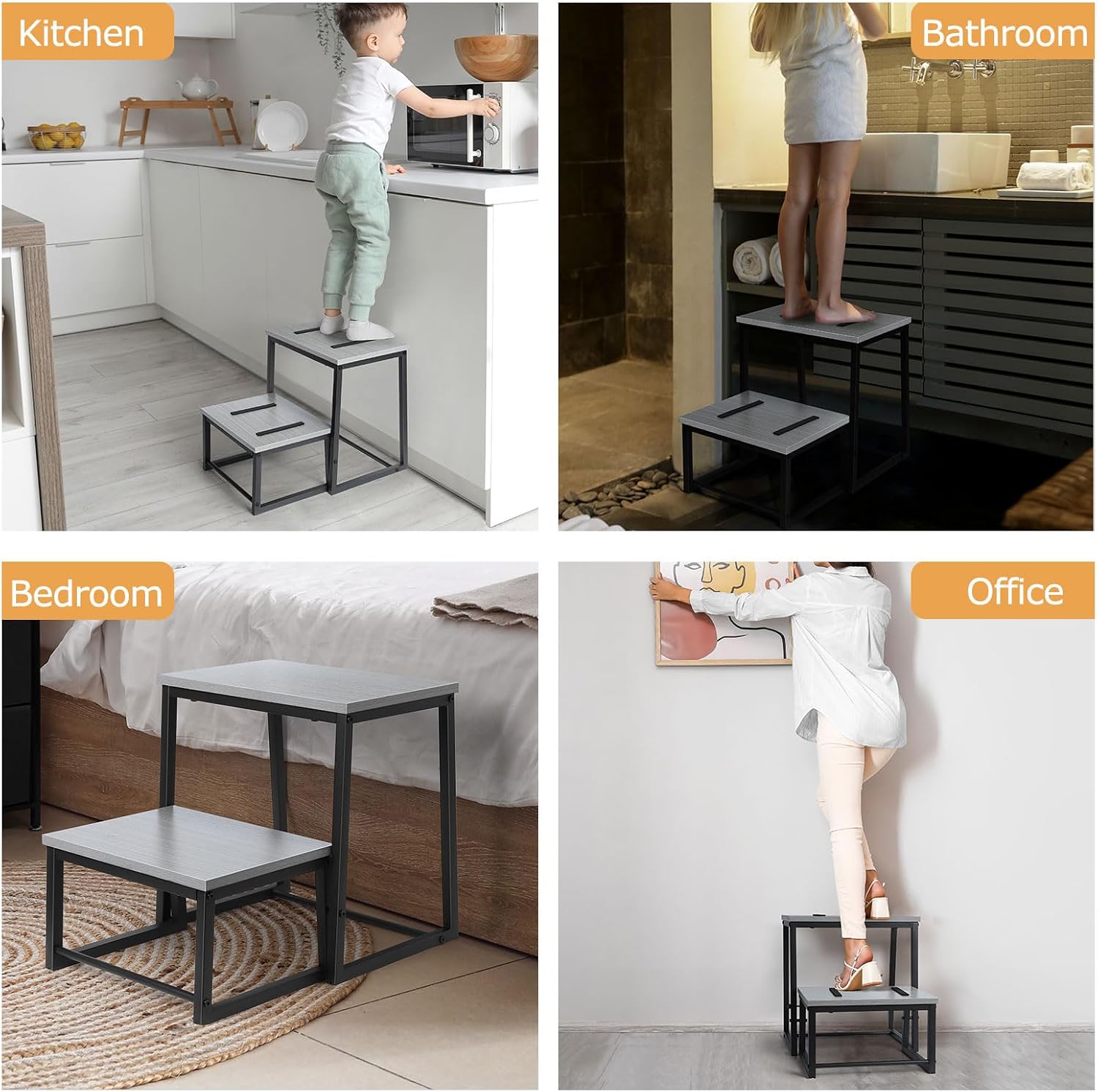 LIANTRAL Step Stool for Adults, 2 Step Stool, Steel & Sturdy Wooden Step Stool Helper, Supports Up to 500lb, Foot Stool for High Bed Kitchen Bathroom (Grey), Gray