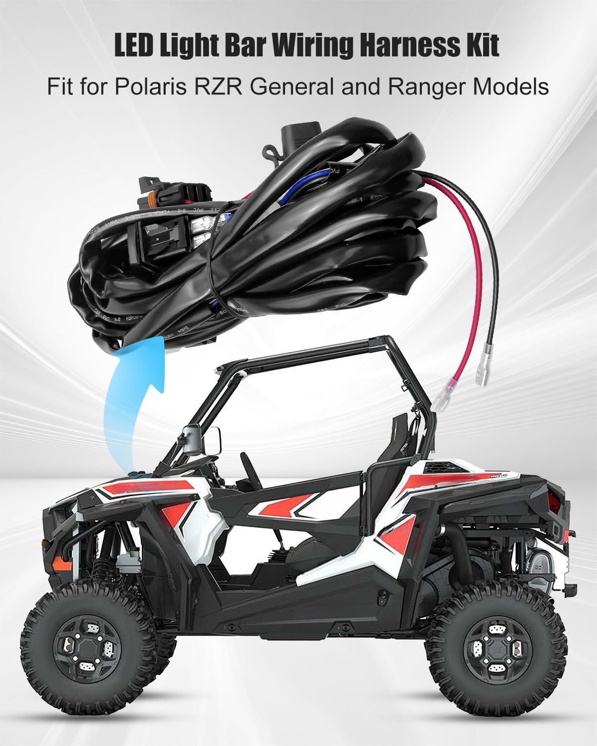 300W 14AWG LED Light Bar Wiring Harness Kit Compatible with Polaris RZR General Ranger Pulse Bus Bar, Plug and Play 1Lead 12V 5Pin Rocker On Off Waterproof Switch